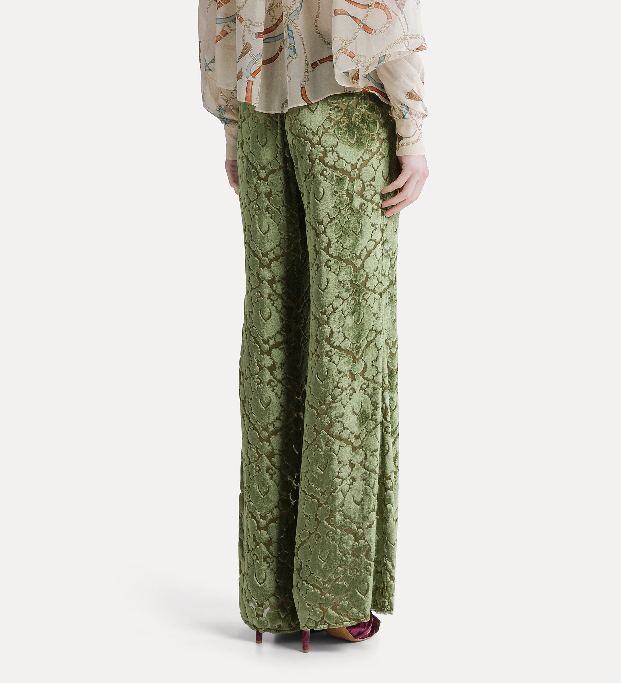 flared floral burnout velvet trousers leaf