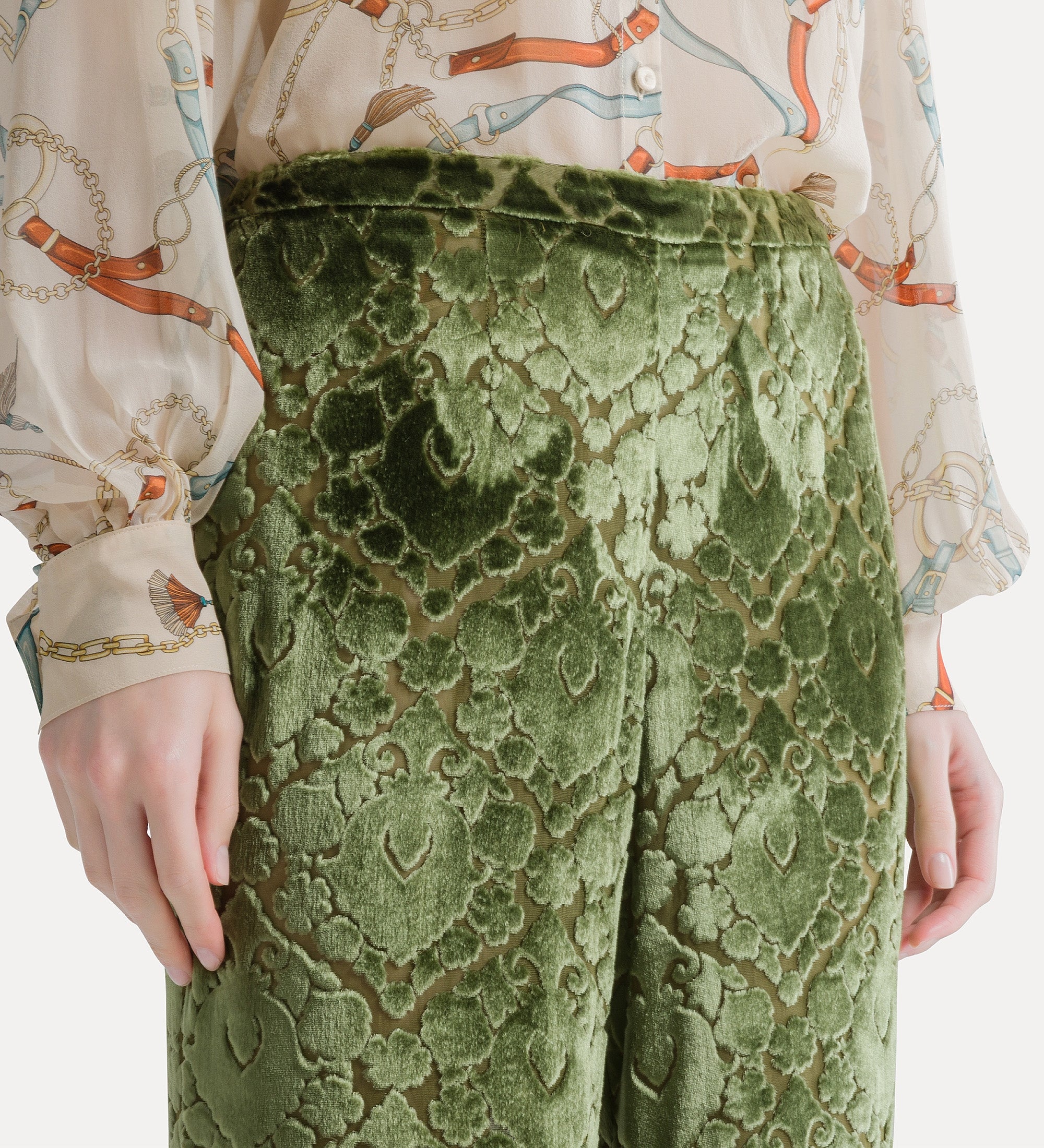 flared floral burnout velvet trousers leaf