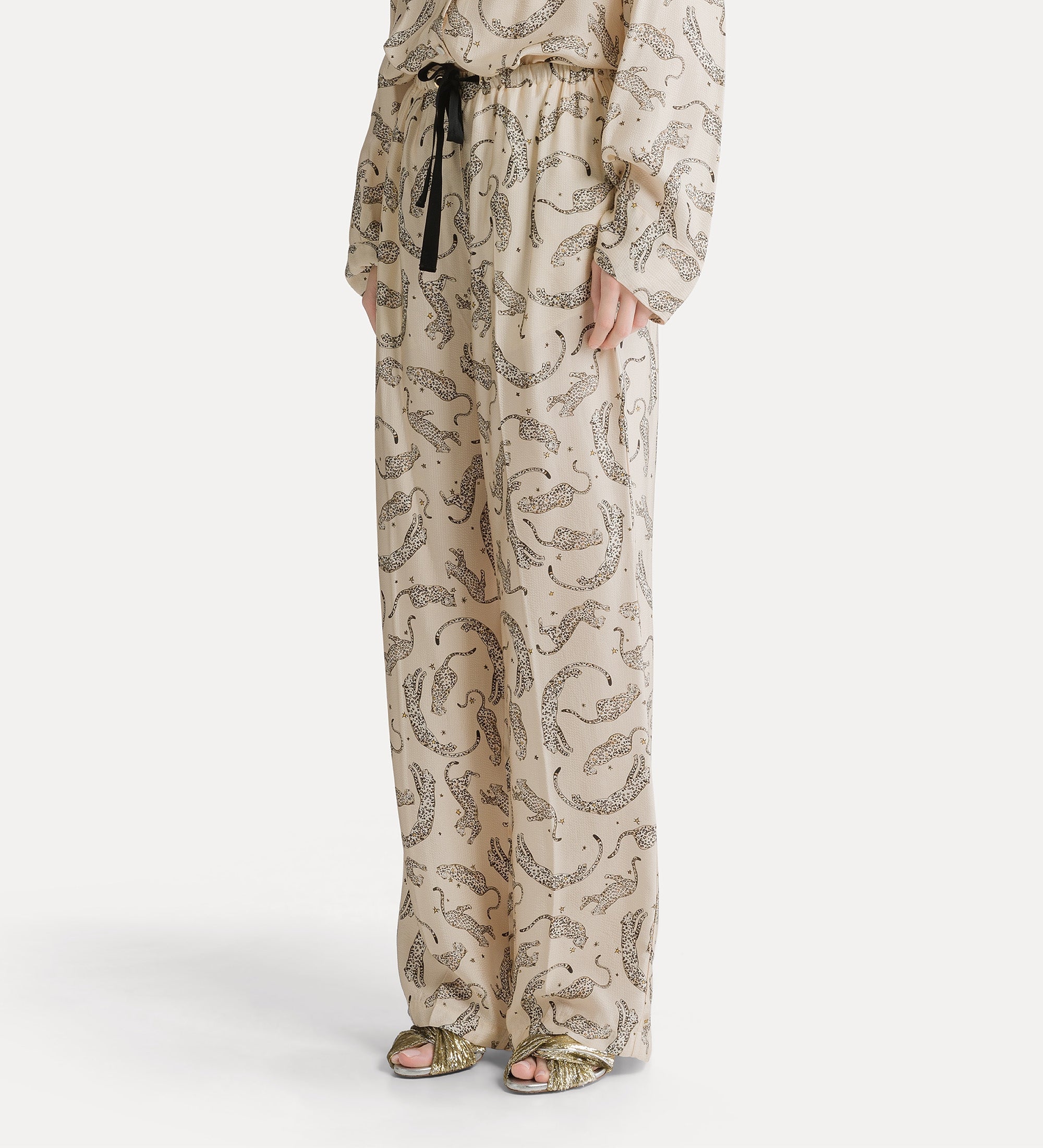 pantalon avec cordon de serrage en satin “ royal leopard ” ivory