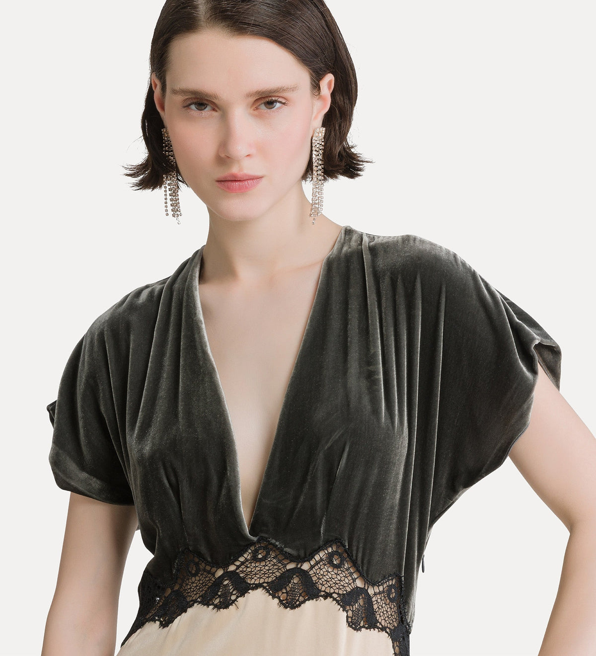 robe en velours et cupro avec dentelle grey