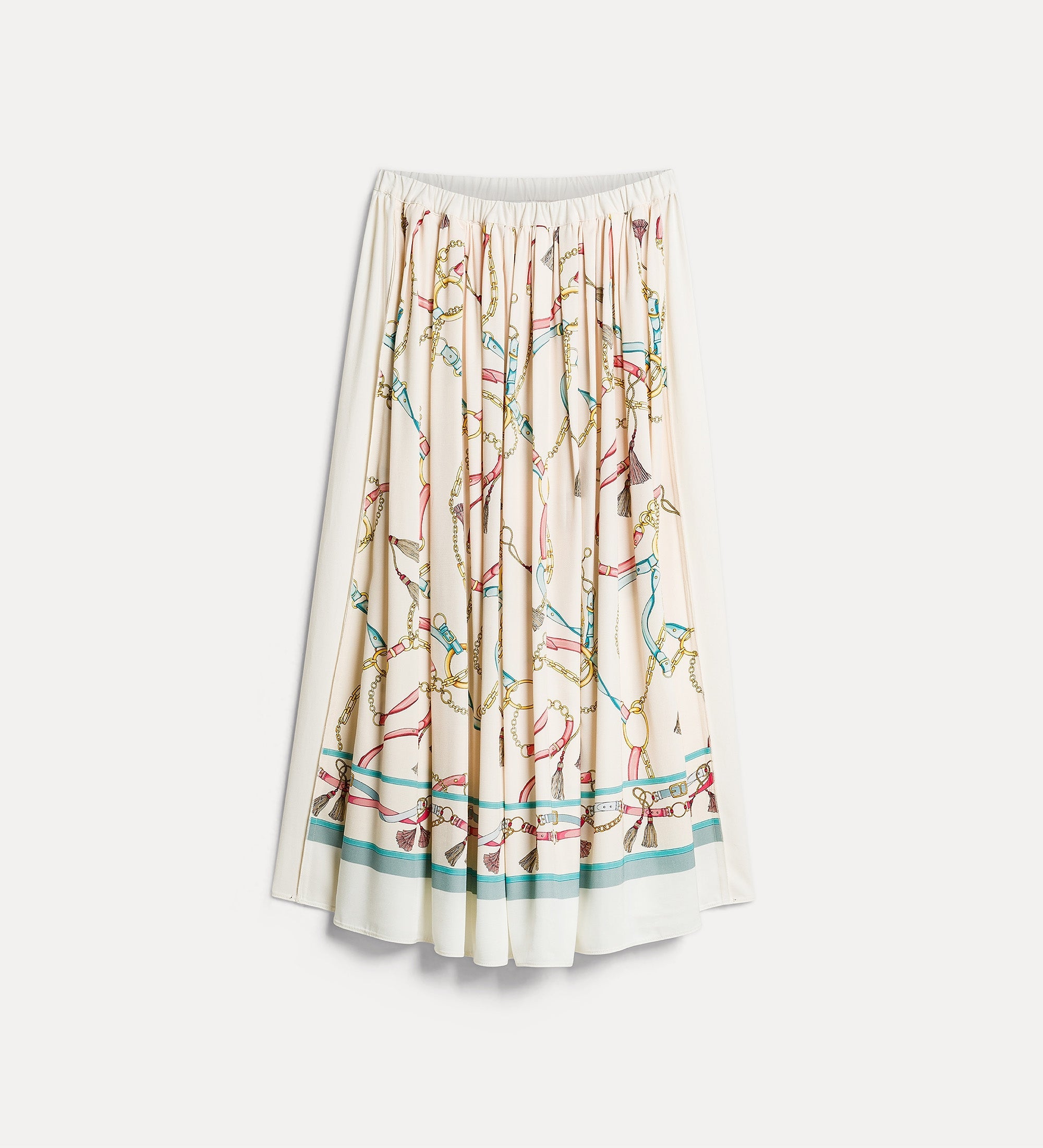 flared skirt with “the crown” placed print ivory