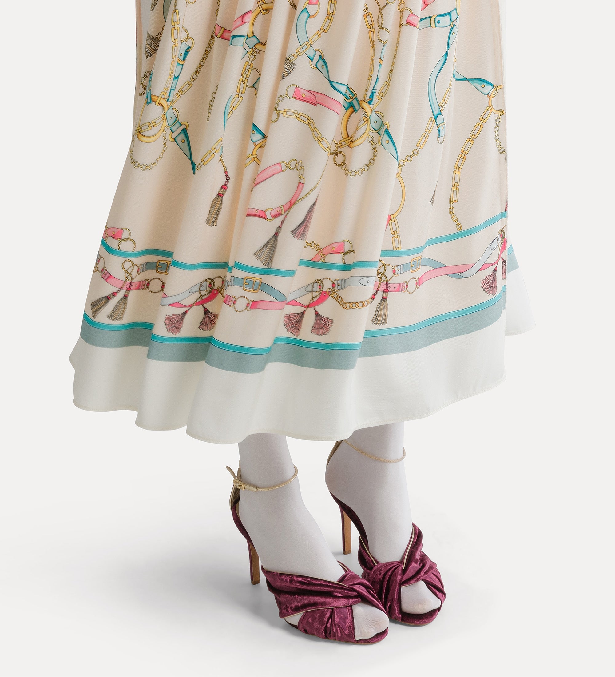 flared skirt with “the crown” placed print ivory