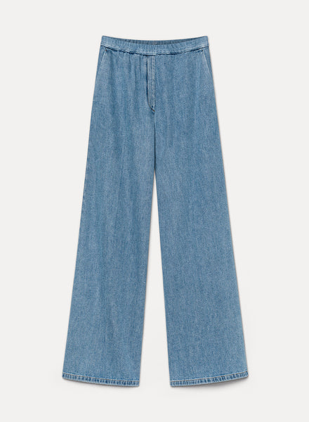 loose elasticated trousers in cavalry denim indigo | forte_forte