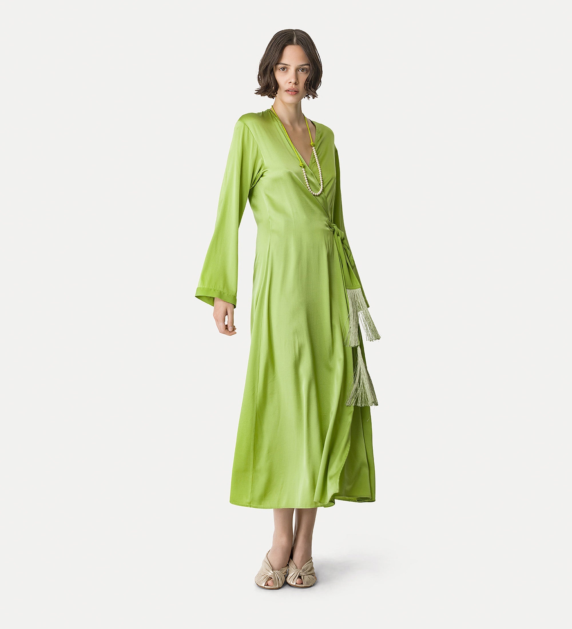 wrap dress in stretch silk satin green
