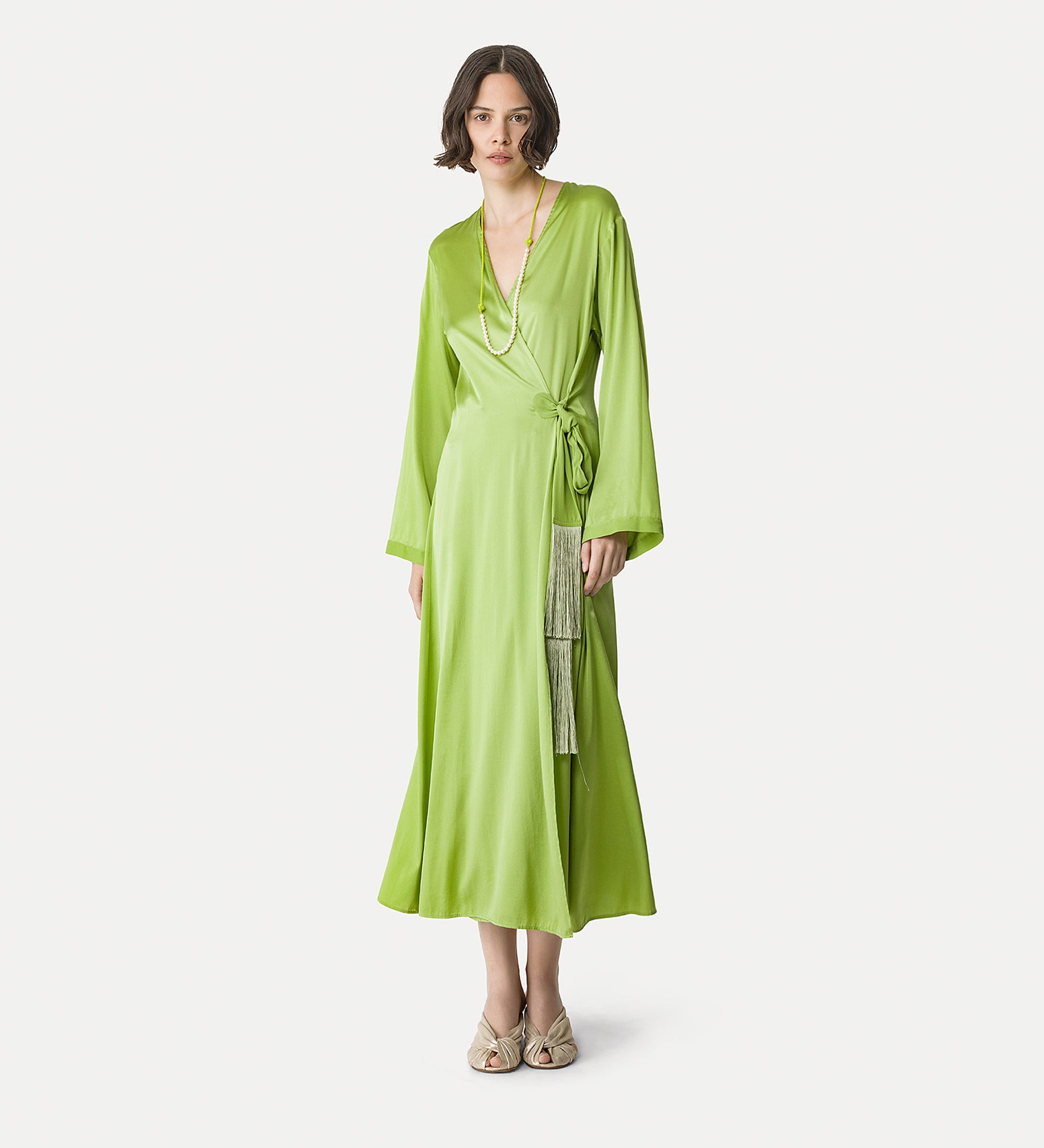 wrap dress in stretch silk satin green