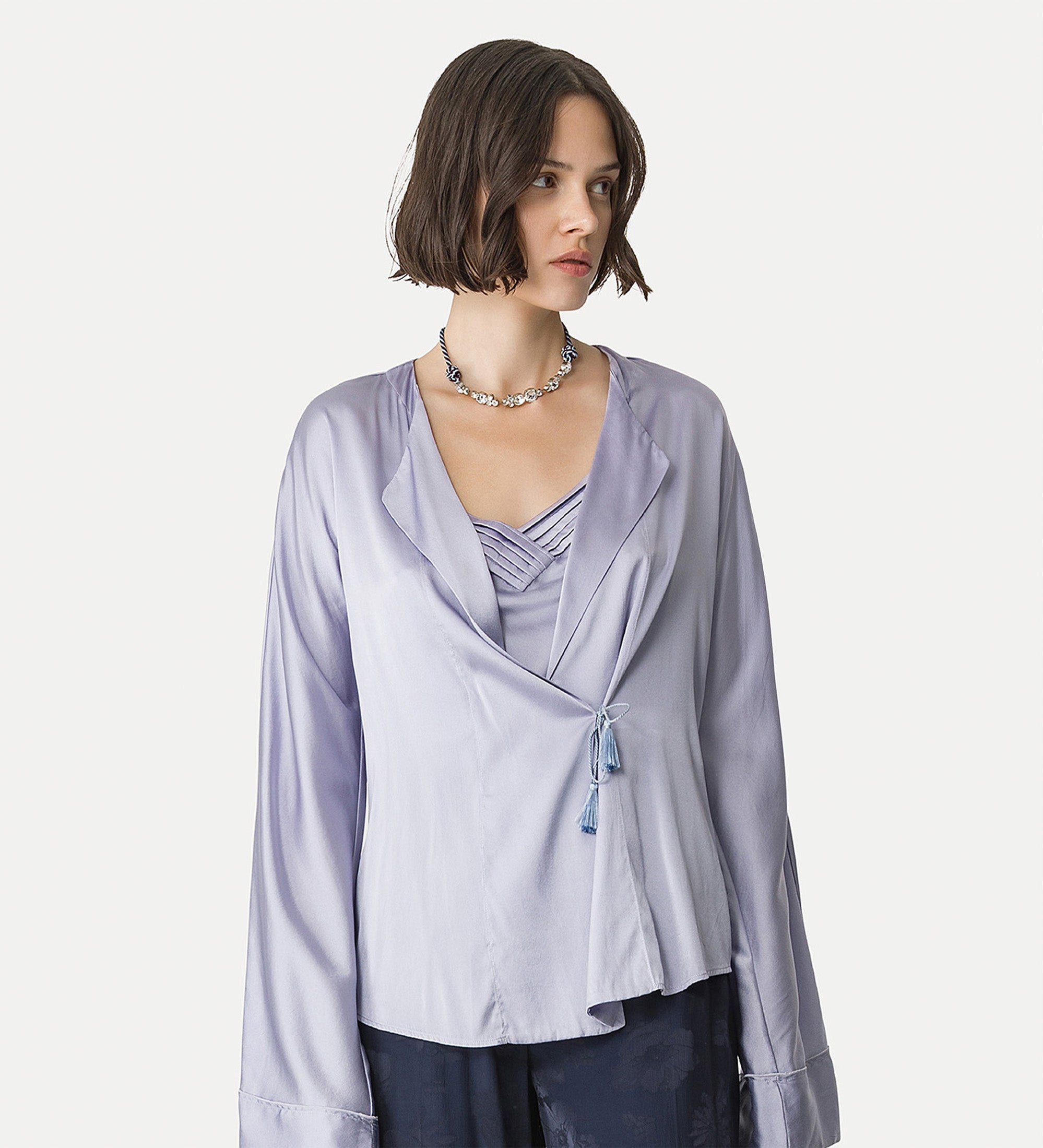 wrap silk—satin shirt lilac