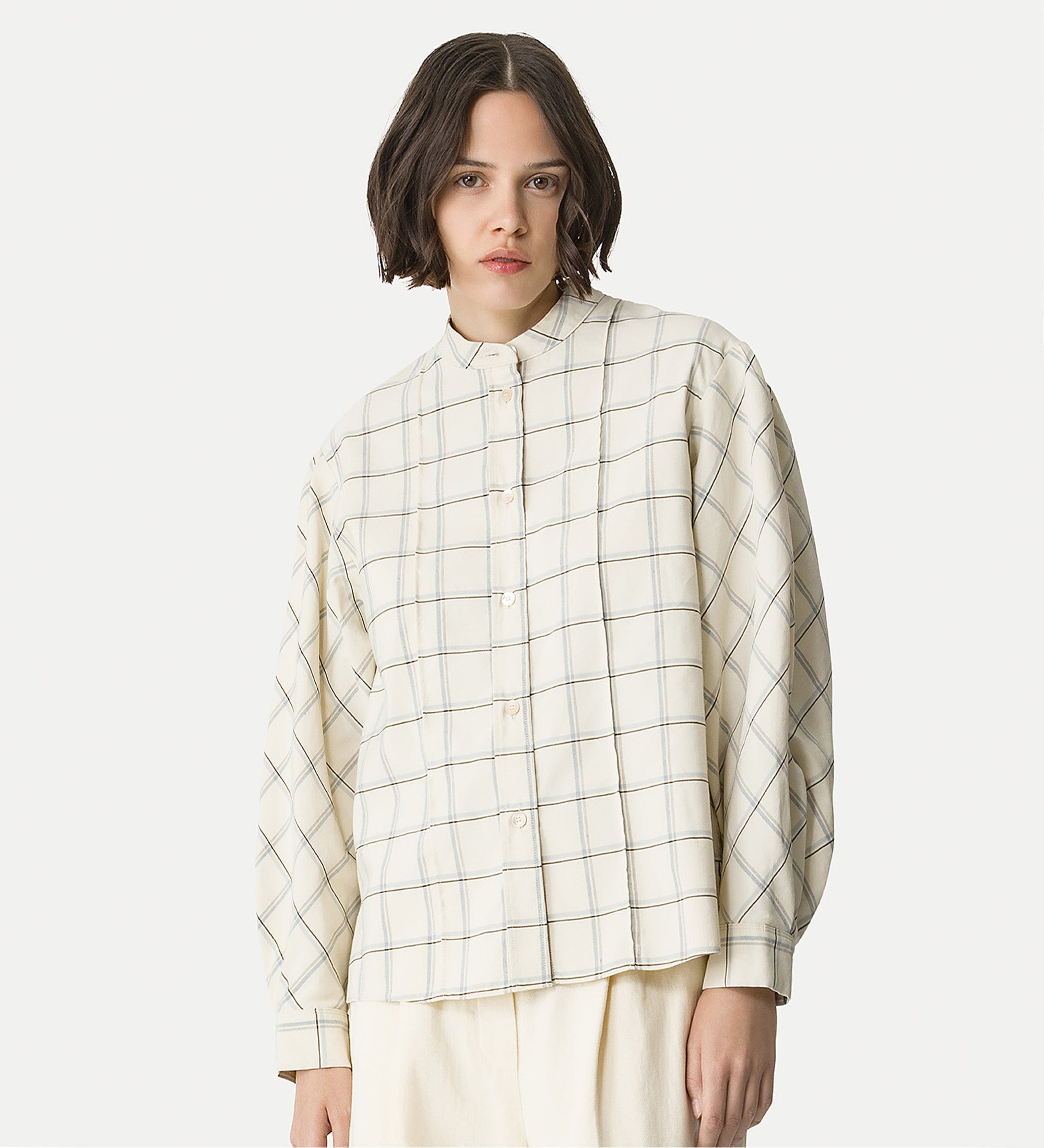 mandarin—collar tartan shirt light blue