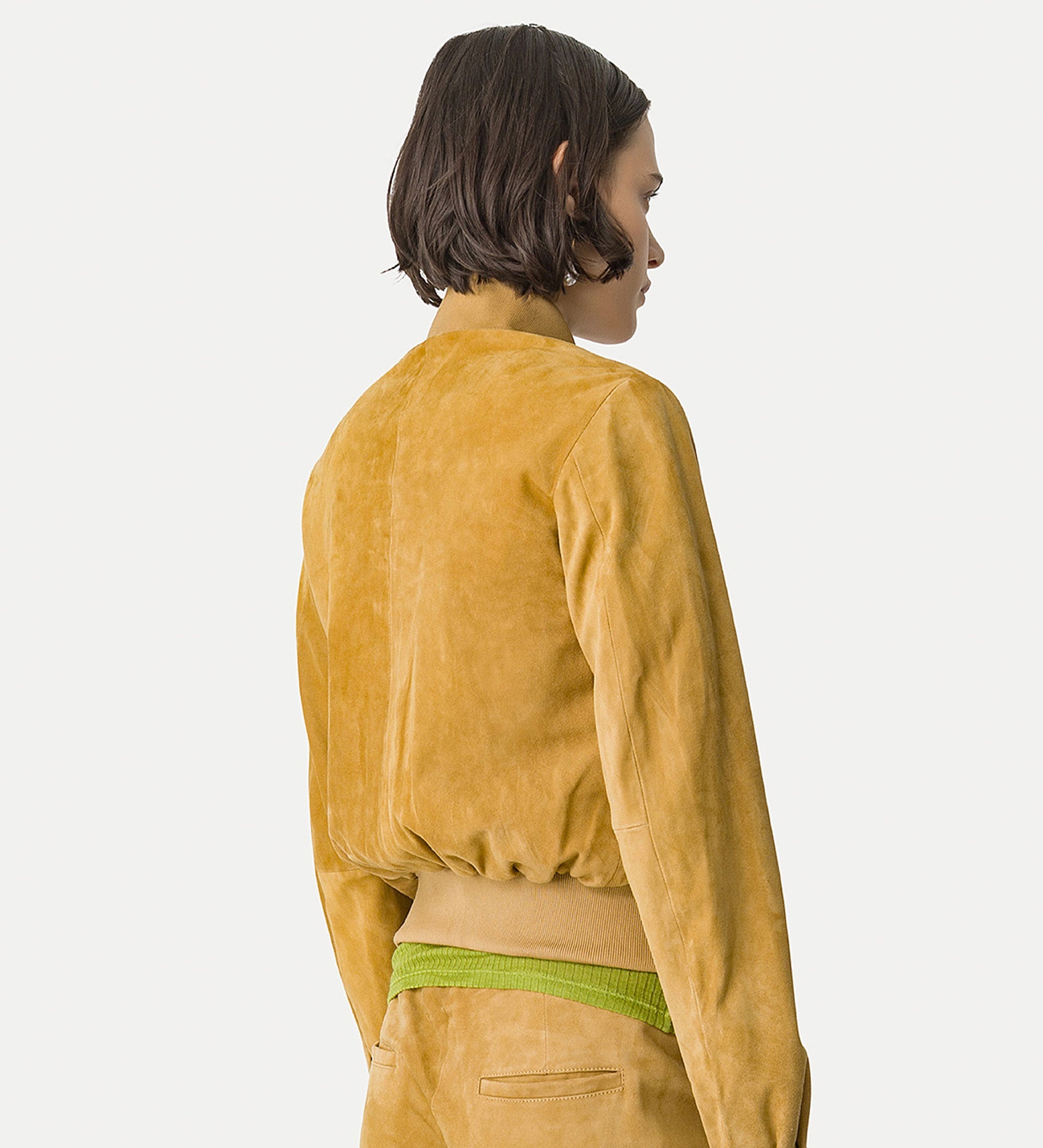 suede bomber jacket yellow gold