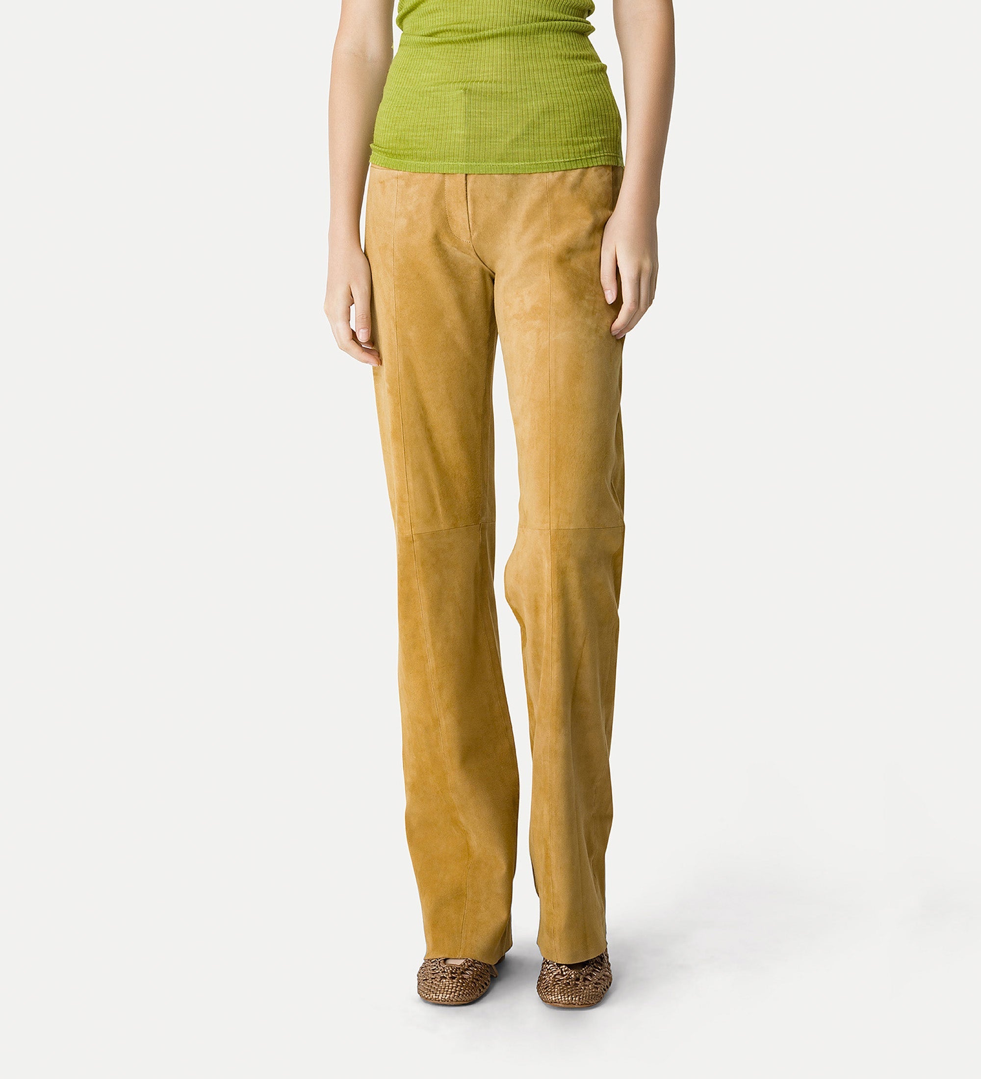 straight—leg suede trousers yellow gold