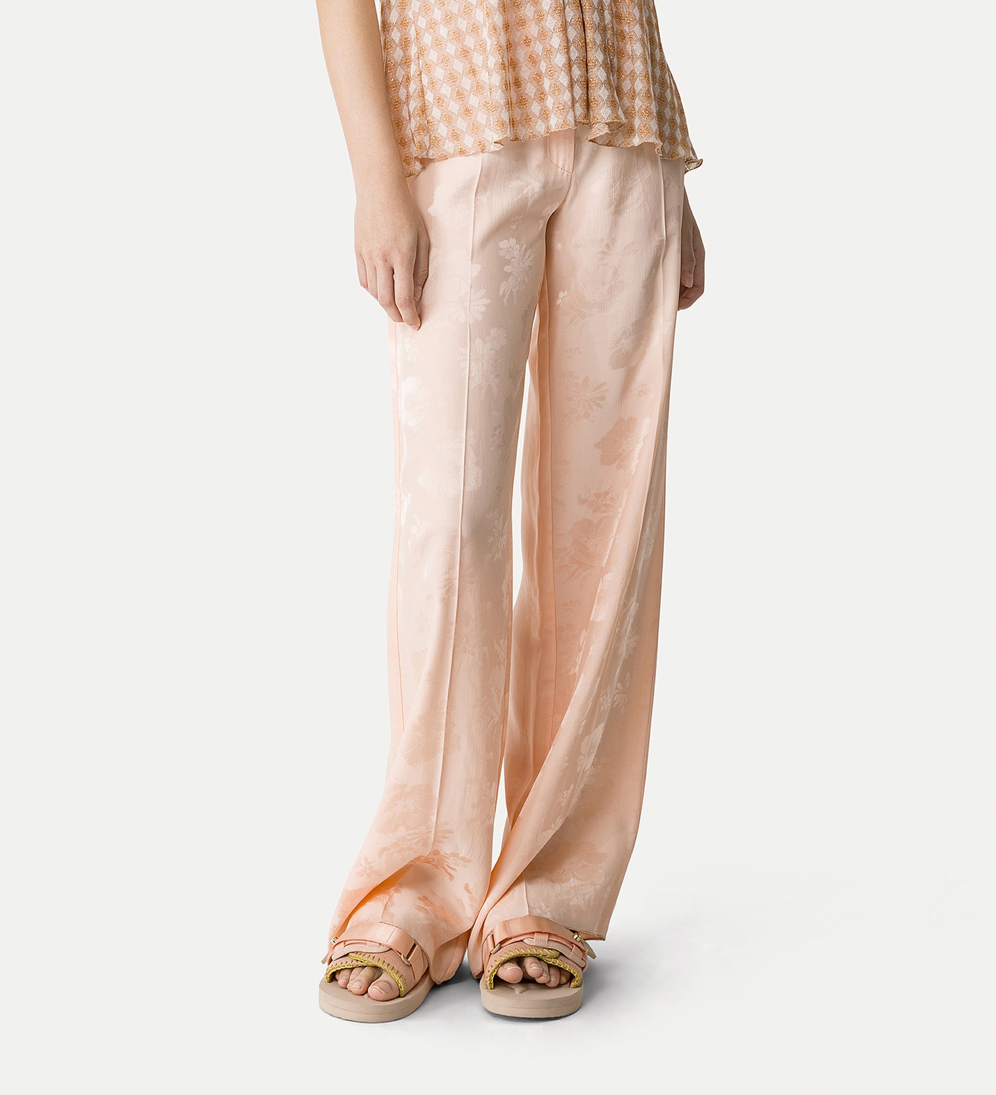 high—waisted trousers in jacquard bouquet pink