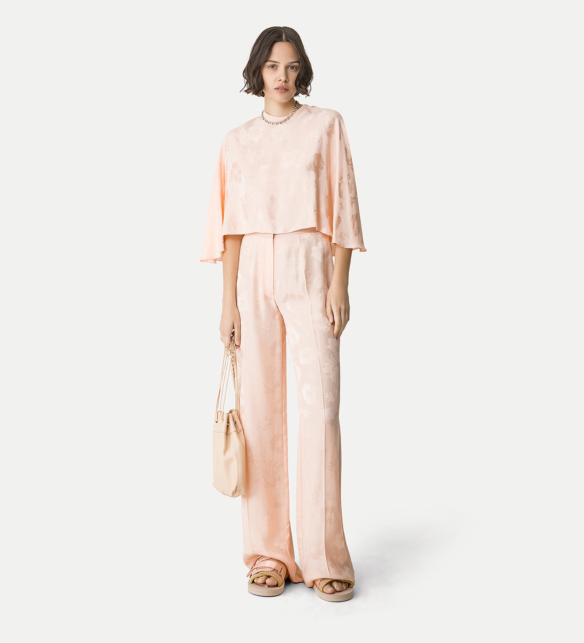 high—waisted trousers in jacquard bouquet pink
