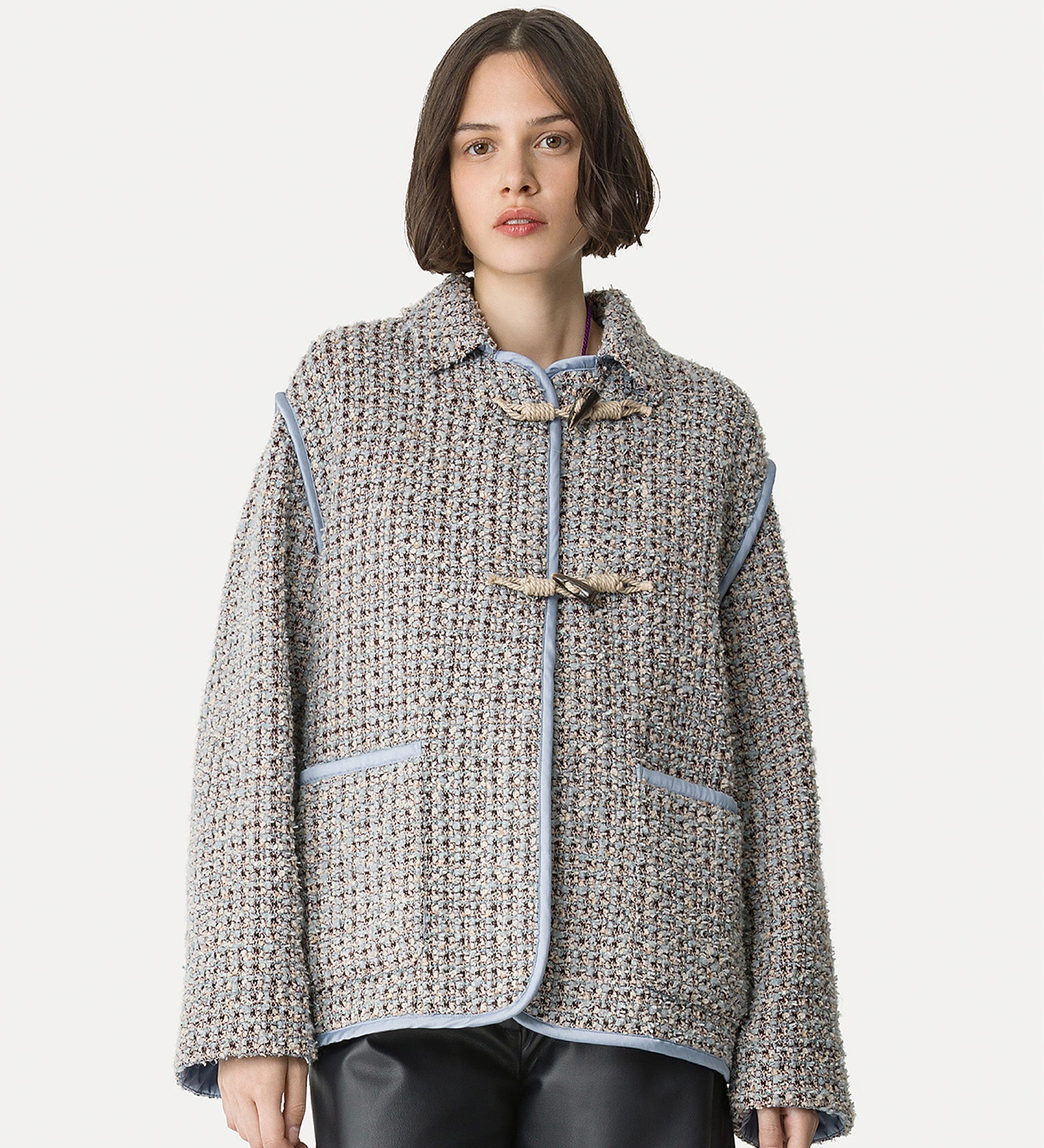 short duffle coat in fancy tweed light blue