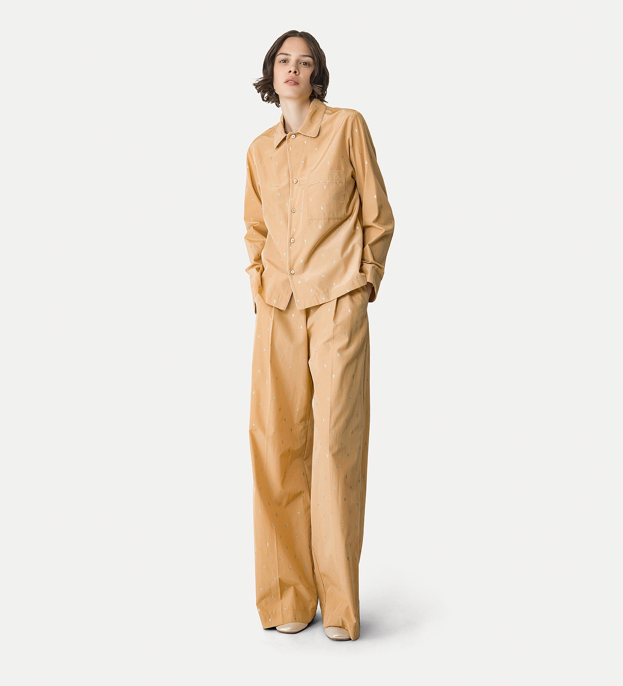 pajama—style shirt in glitter taffeta yellow gold