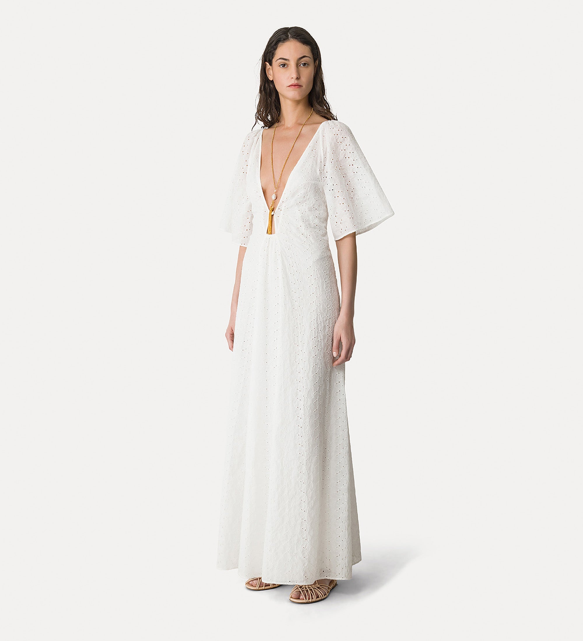 long muslin dress with “broderie anglaise” embroidery crystal