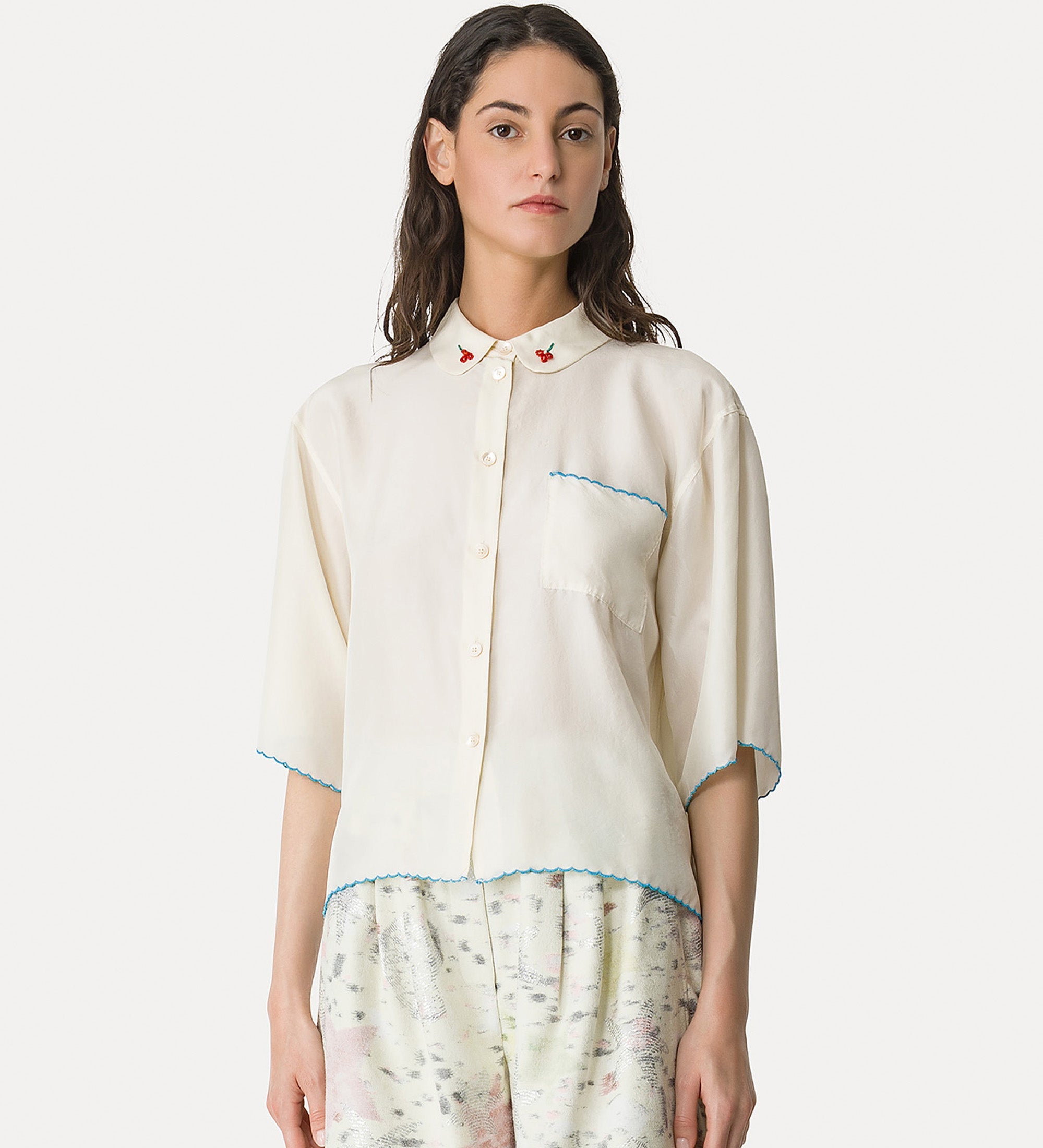 habotai silk half—sleeve shirt  butter