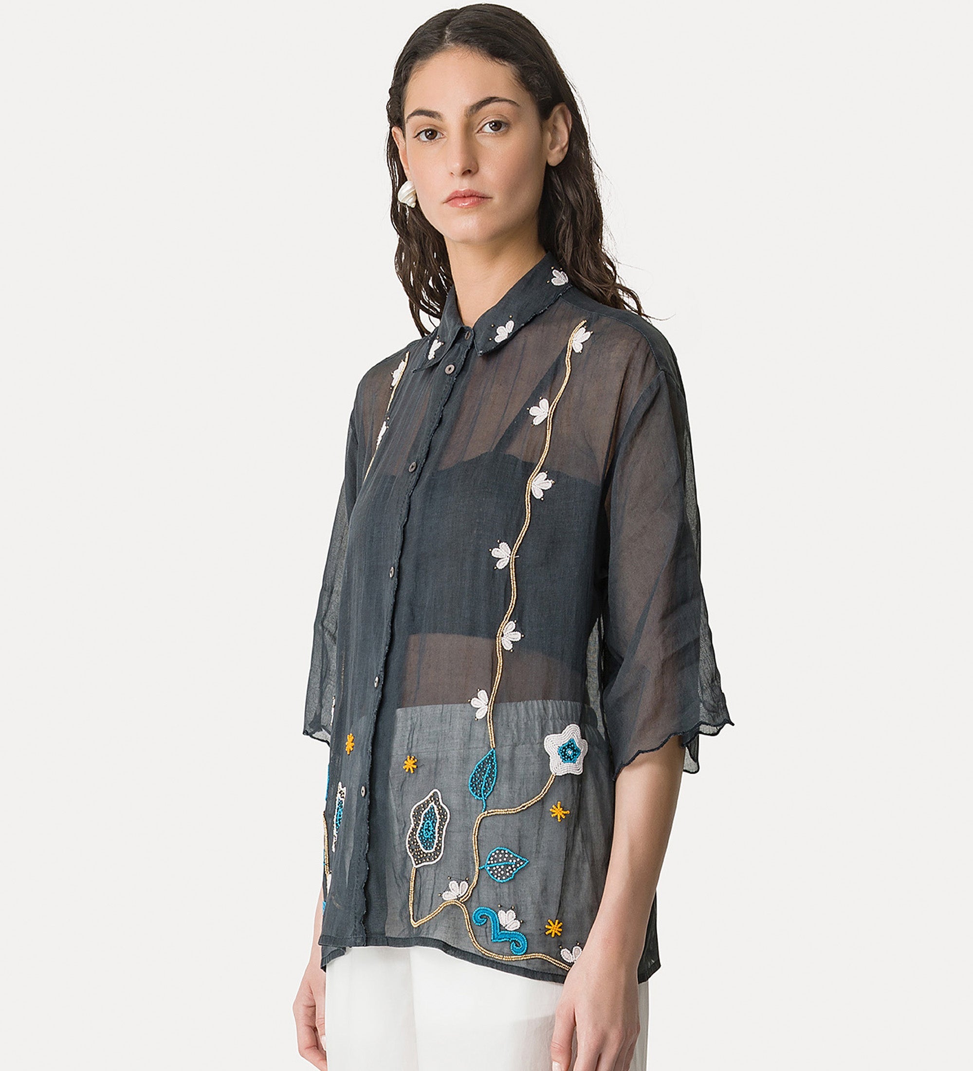 half—sleeve shirt with “broderie en rêve” embroidery midnight