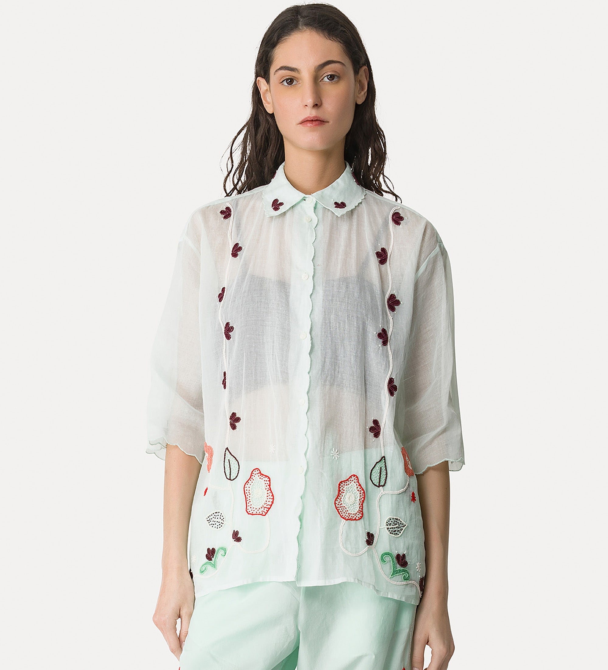 half—sleeve shirt with “broderie en rêve” embroidery plume