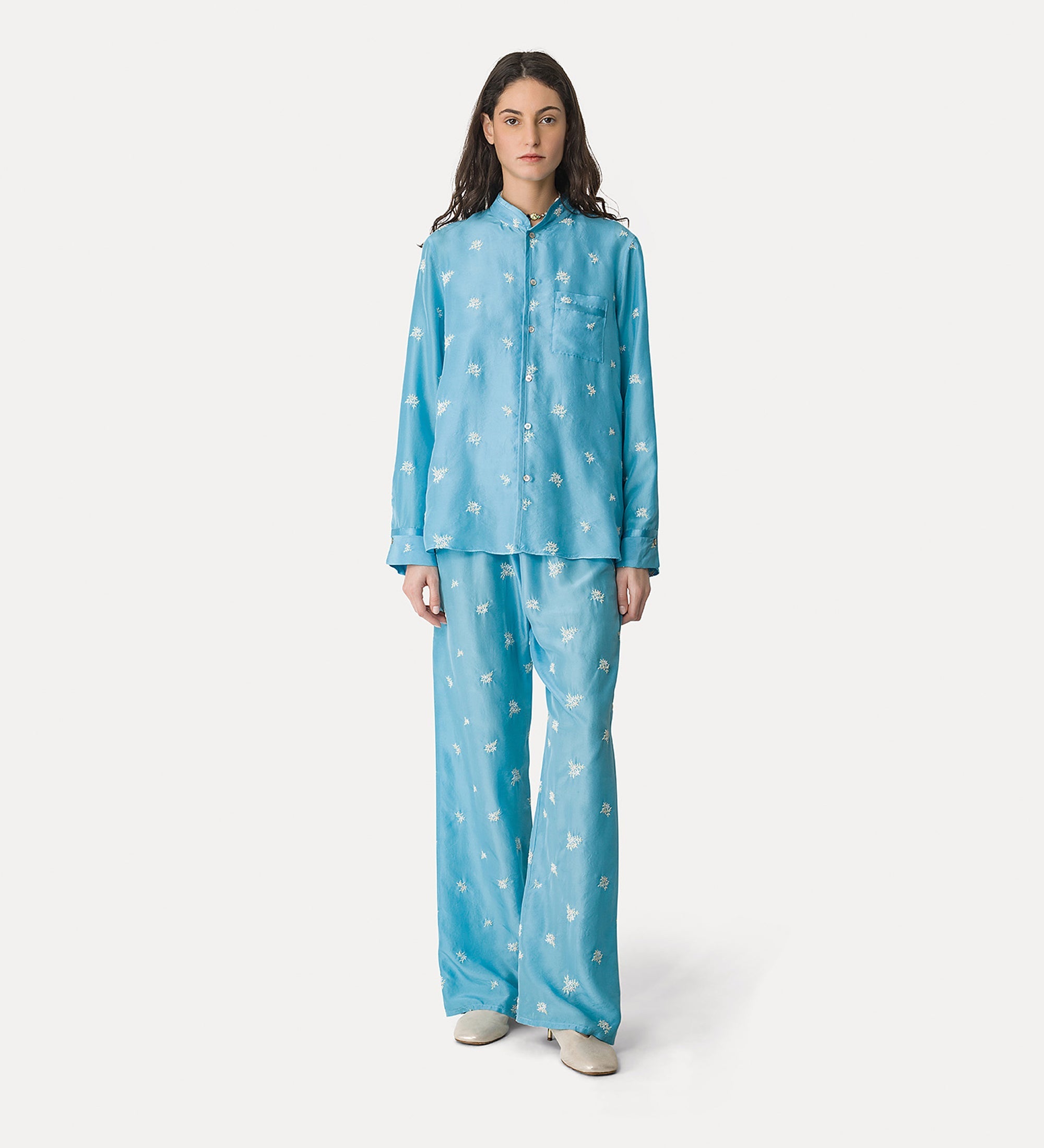 silk shirt with “petites fleurs” embroidery  turchino