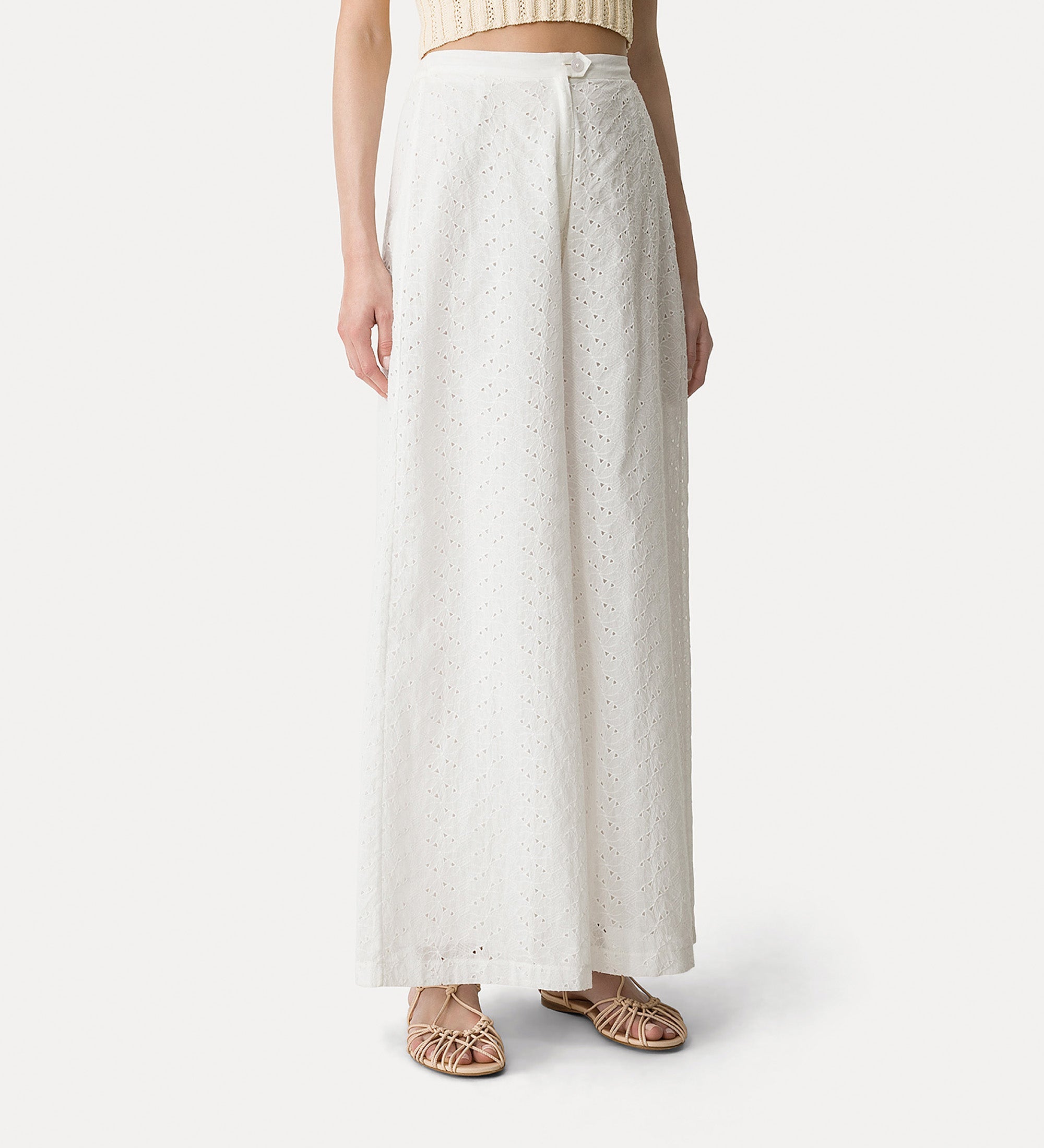 flared muslin trousers with “broderie anglaise” embroidery  crystal