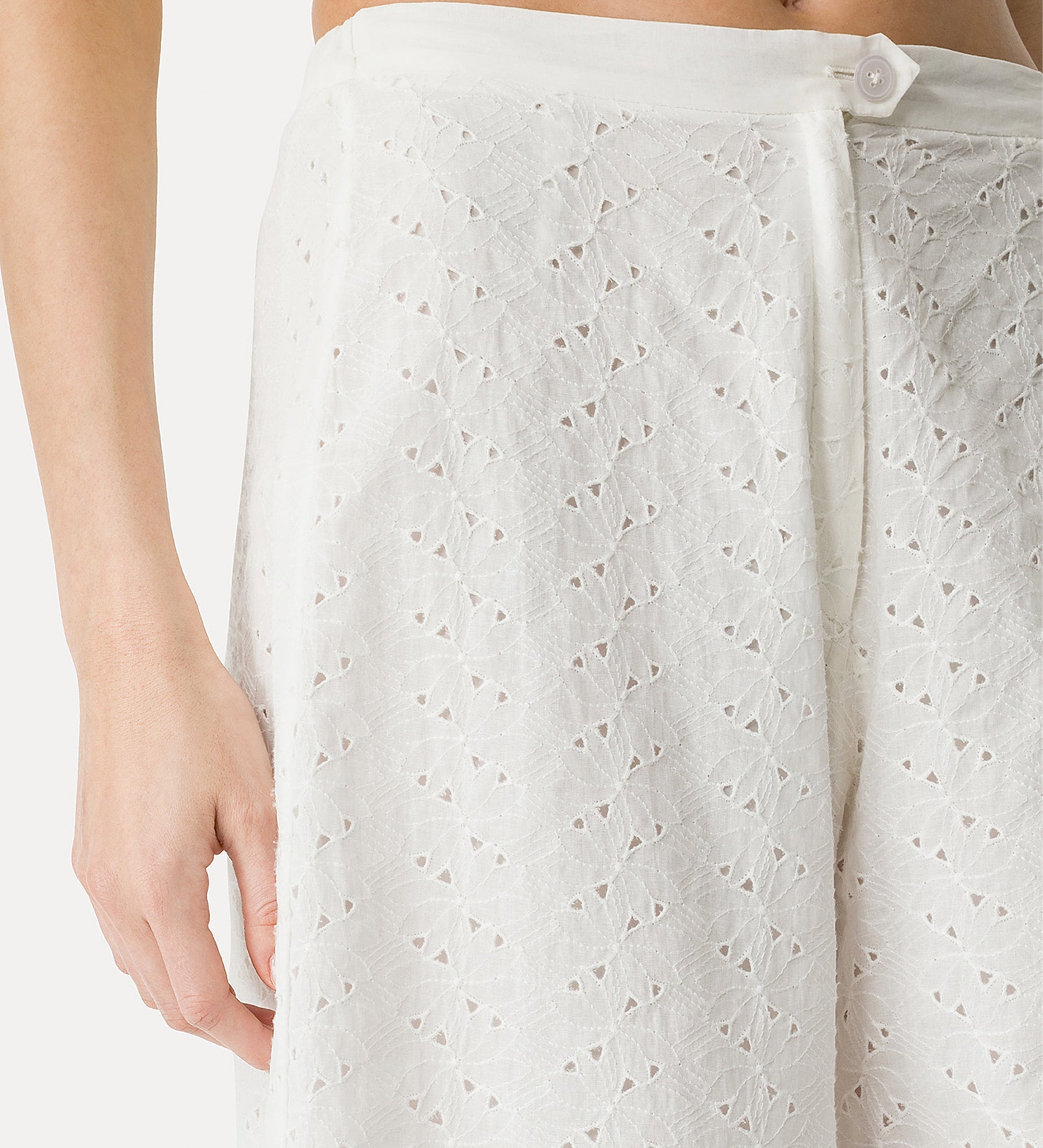 flared muslin trousers with “broderie anglaise” embroidery  crystal