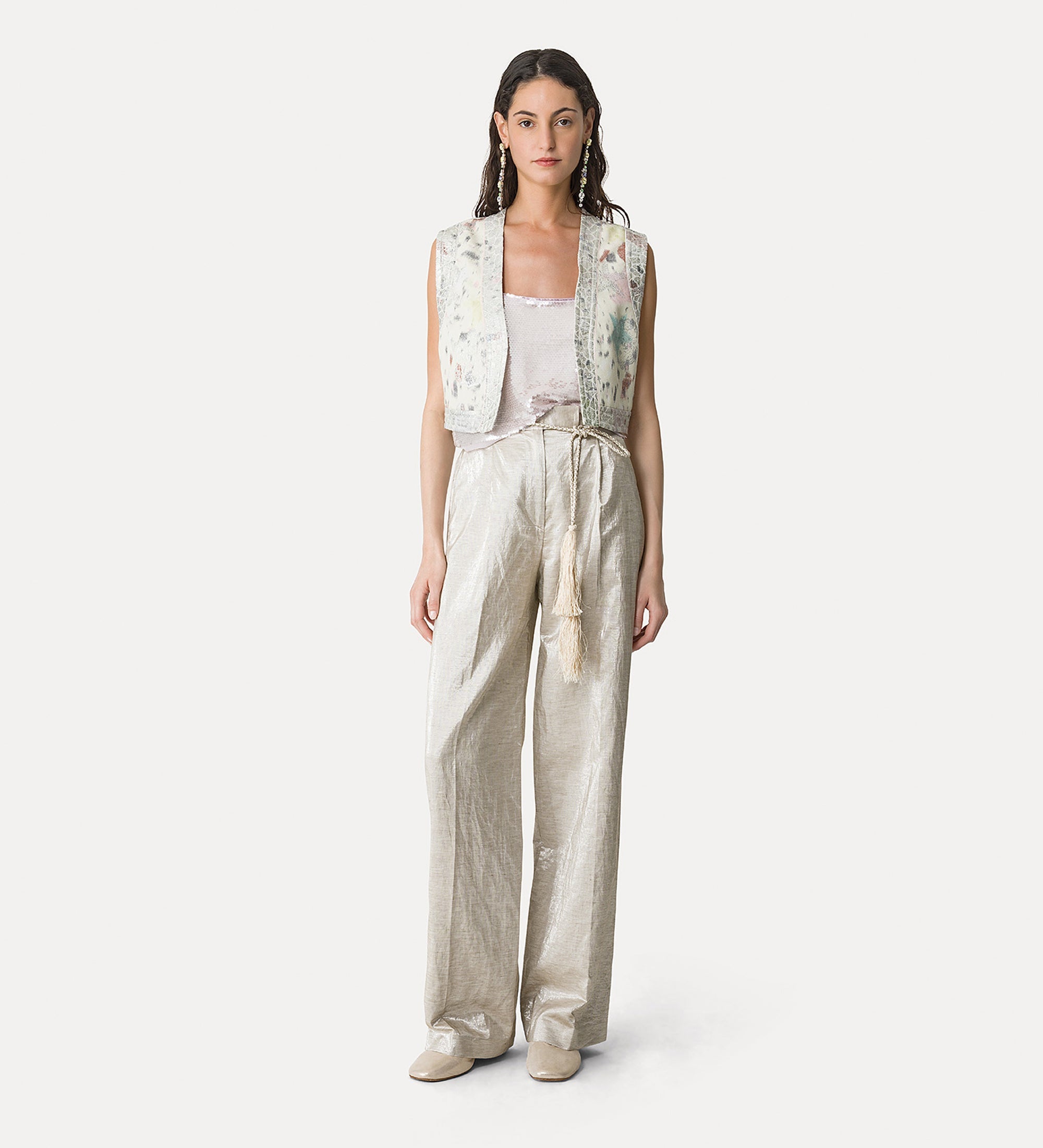 linen and lurex high—waisted trousers lucente