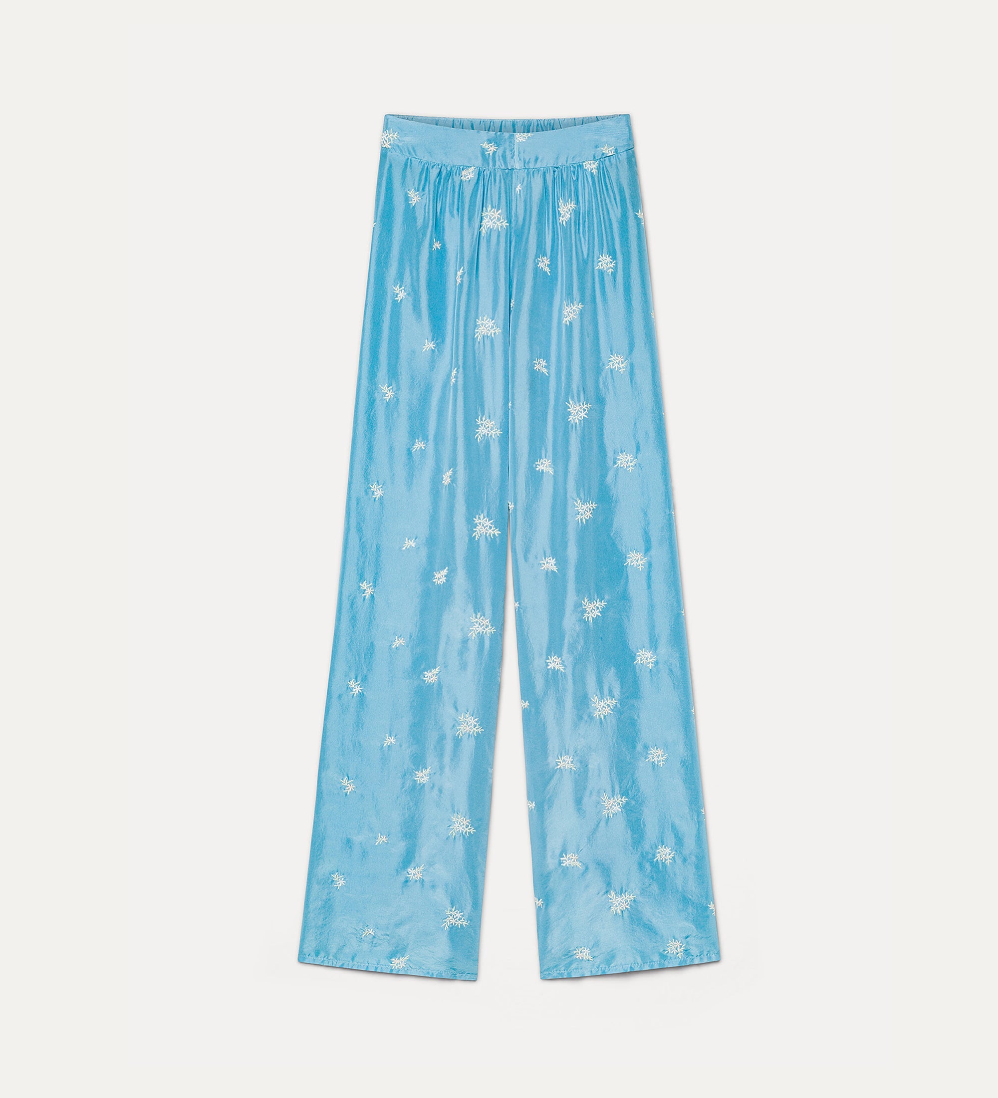silk flared trousers with “petites fleurs” embroidery turchino