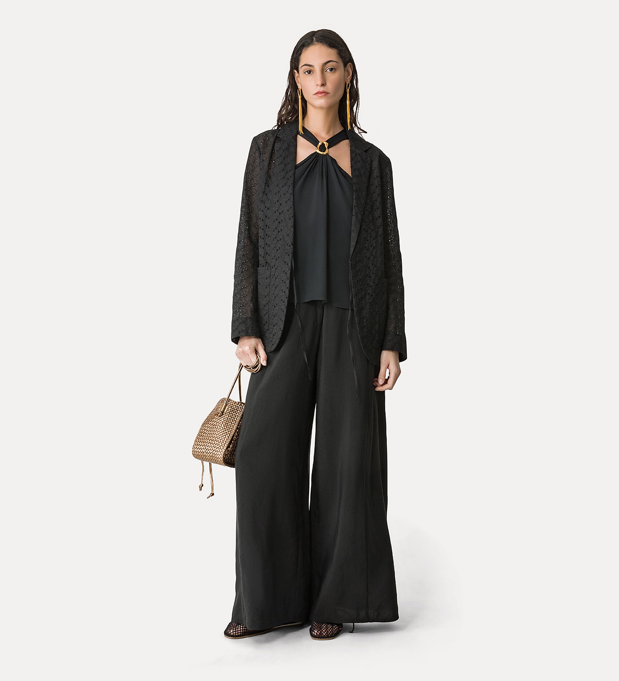 pantalone flared fiammato fluido lino viscosa noir
