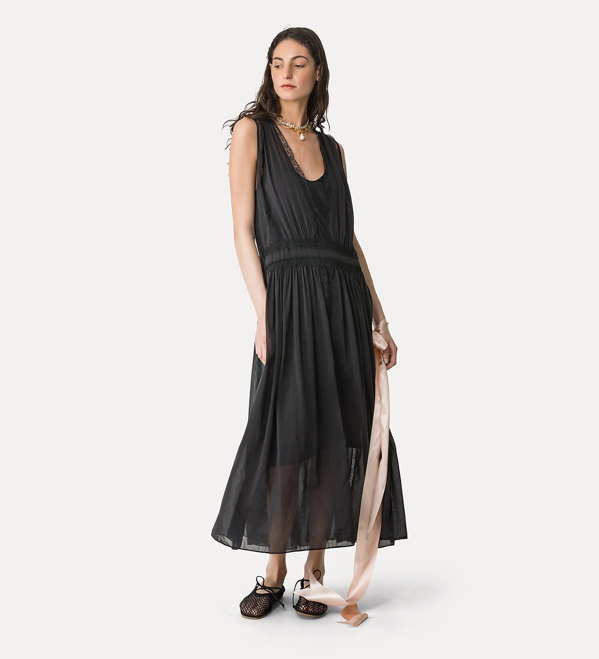 abito midi voile co/se pizzo con sottoveste noir