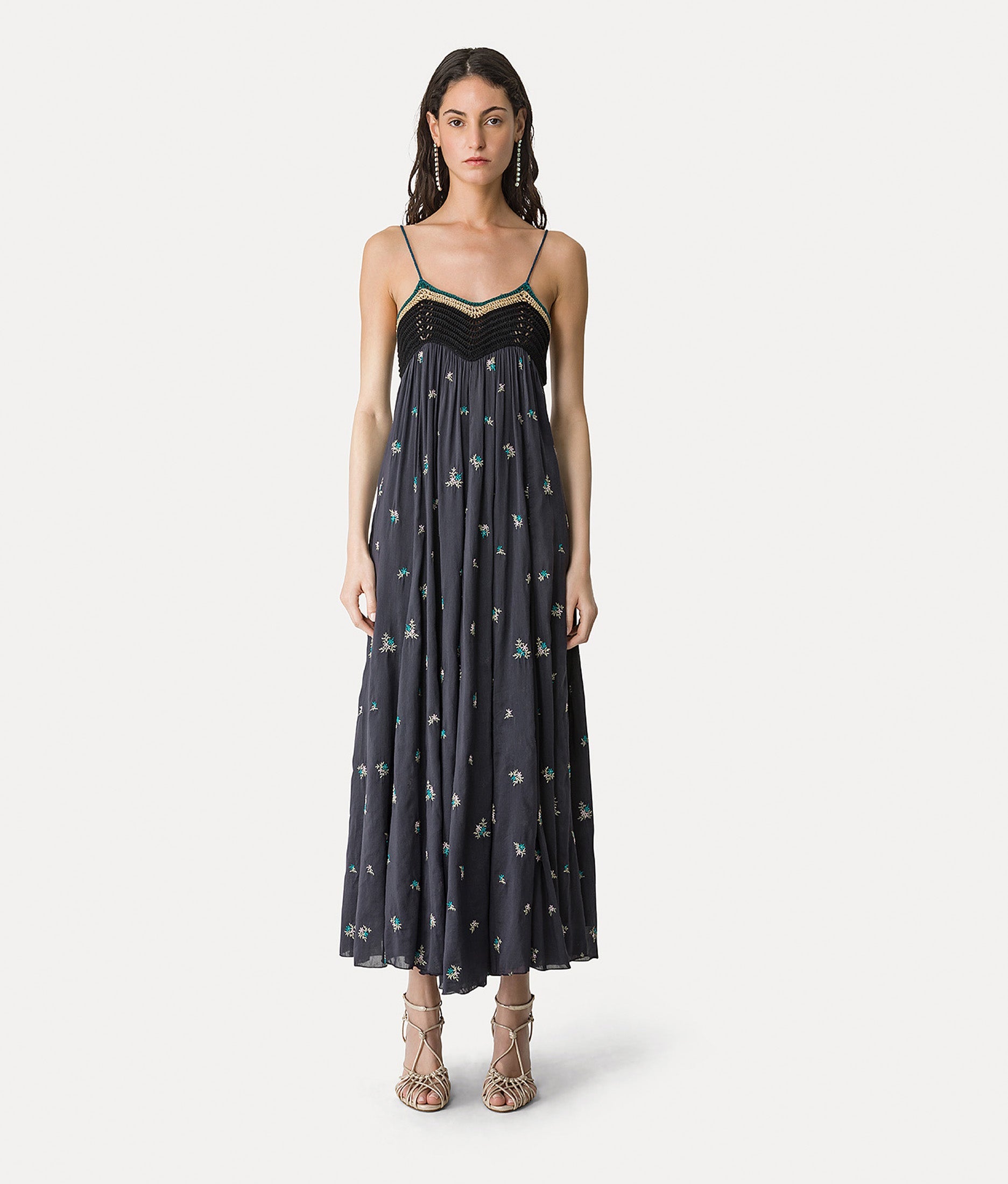 voile bustier dress with “petites fleurs” embroidery  midnight