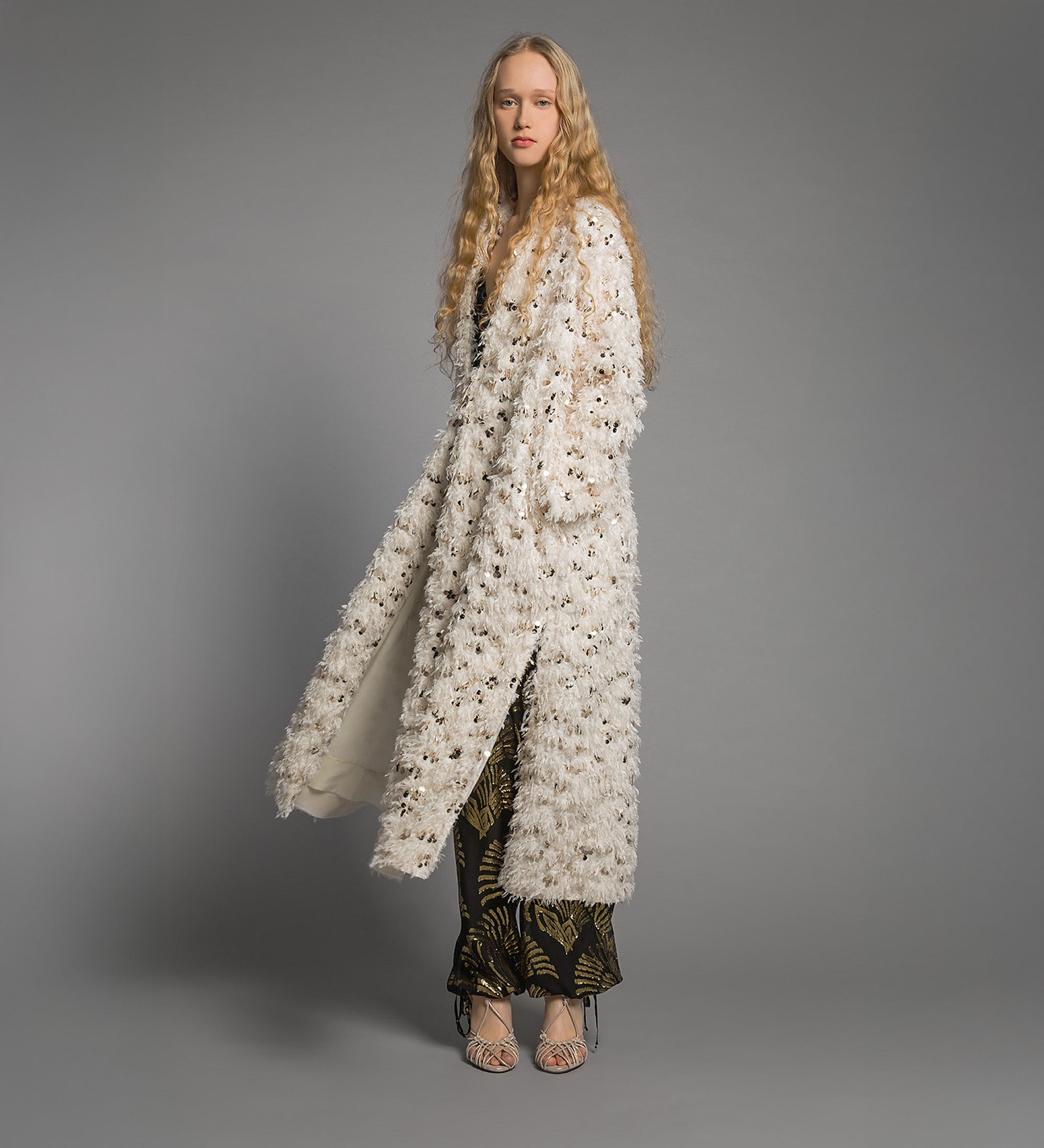 eco—marabou faux—fur coat with golden sequins Avorio