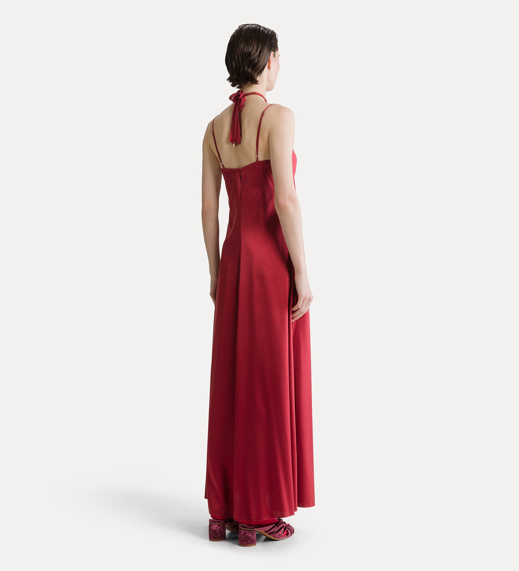 spaghetti strap dress in stretch silk satin  pomegranate