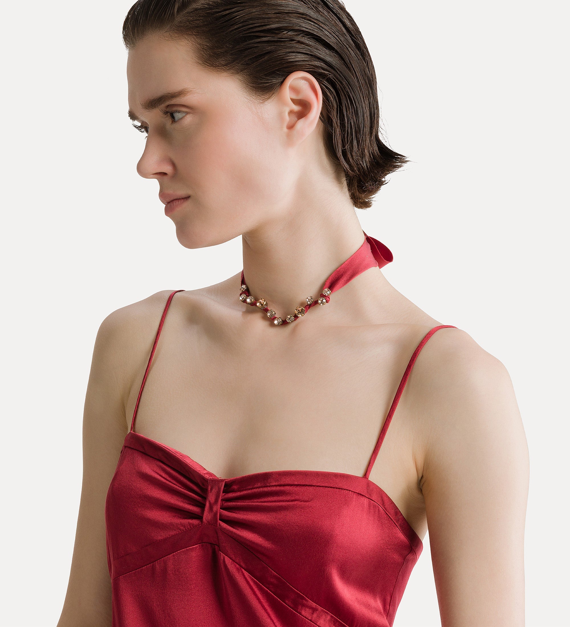 spaghetti strap dress in stretch silk satin  pomegranate