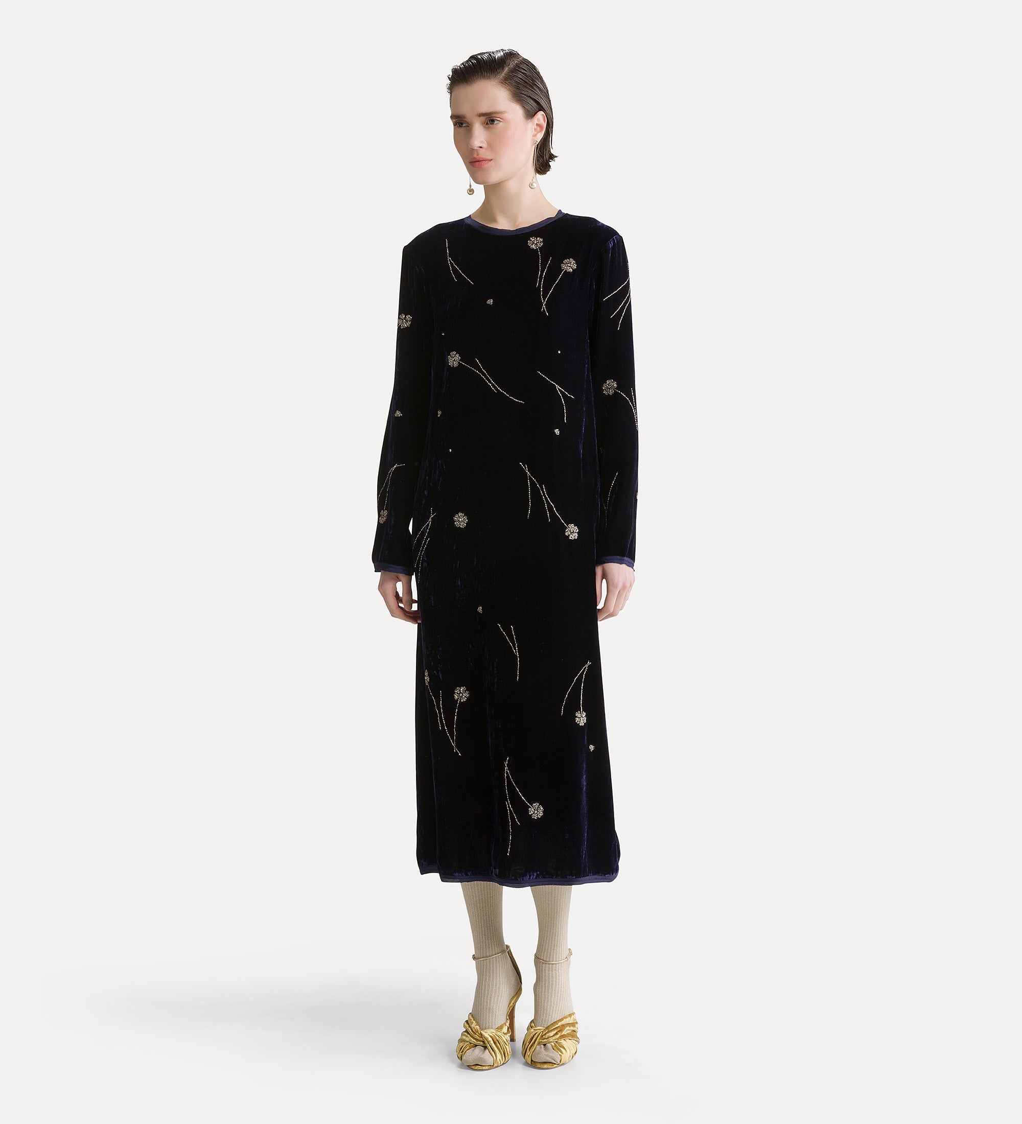 abito  midi velluto crash ricamo "fleurs d'orient" notte