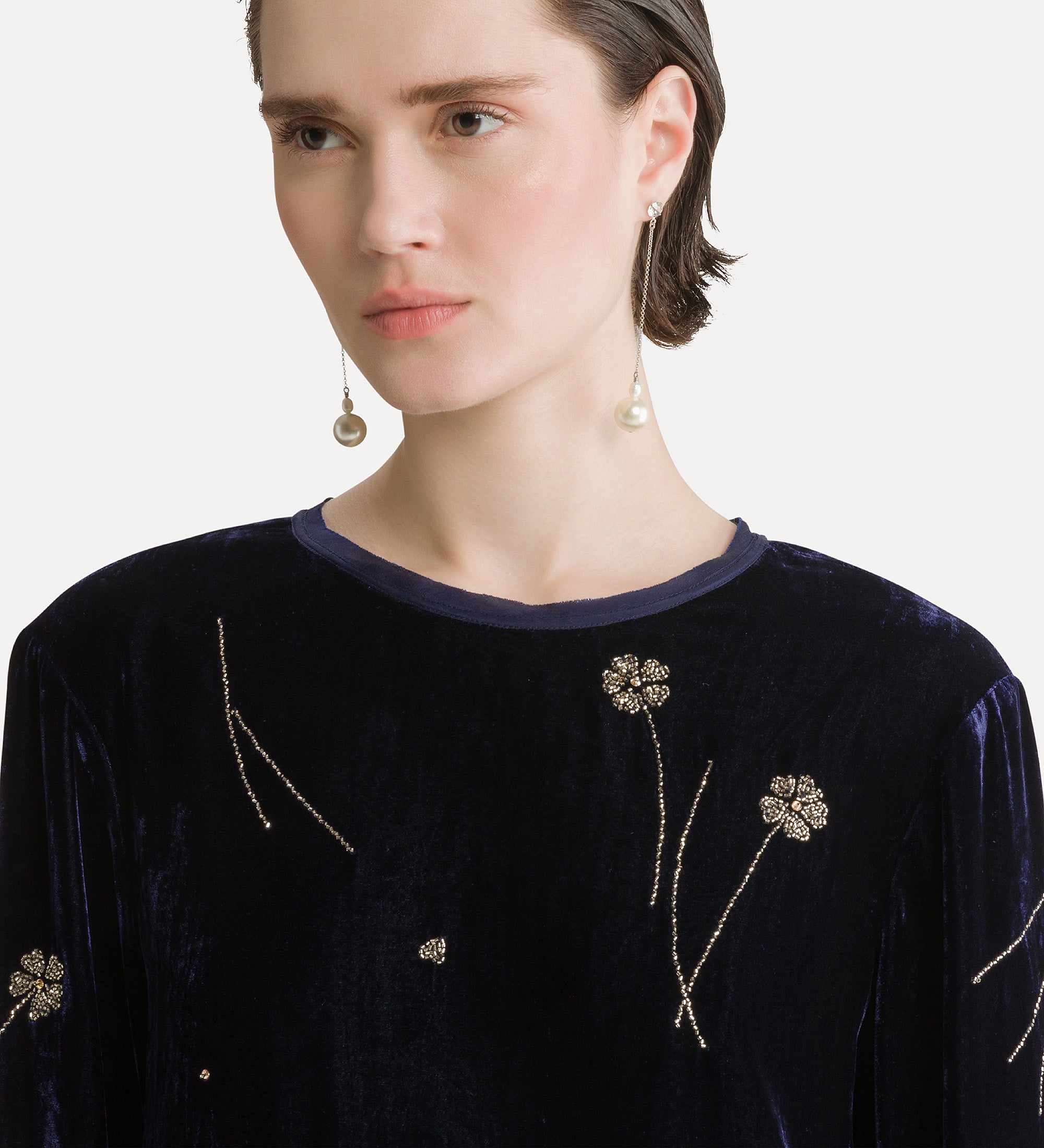abito  midi velluto crash ricamo "fleurs d'orient" notte