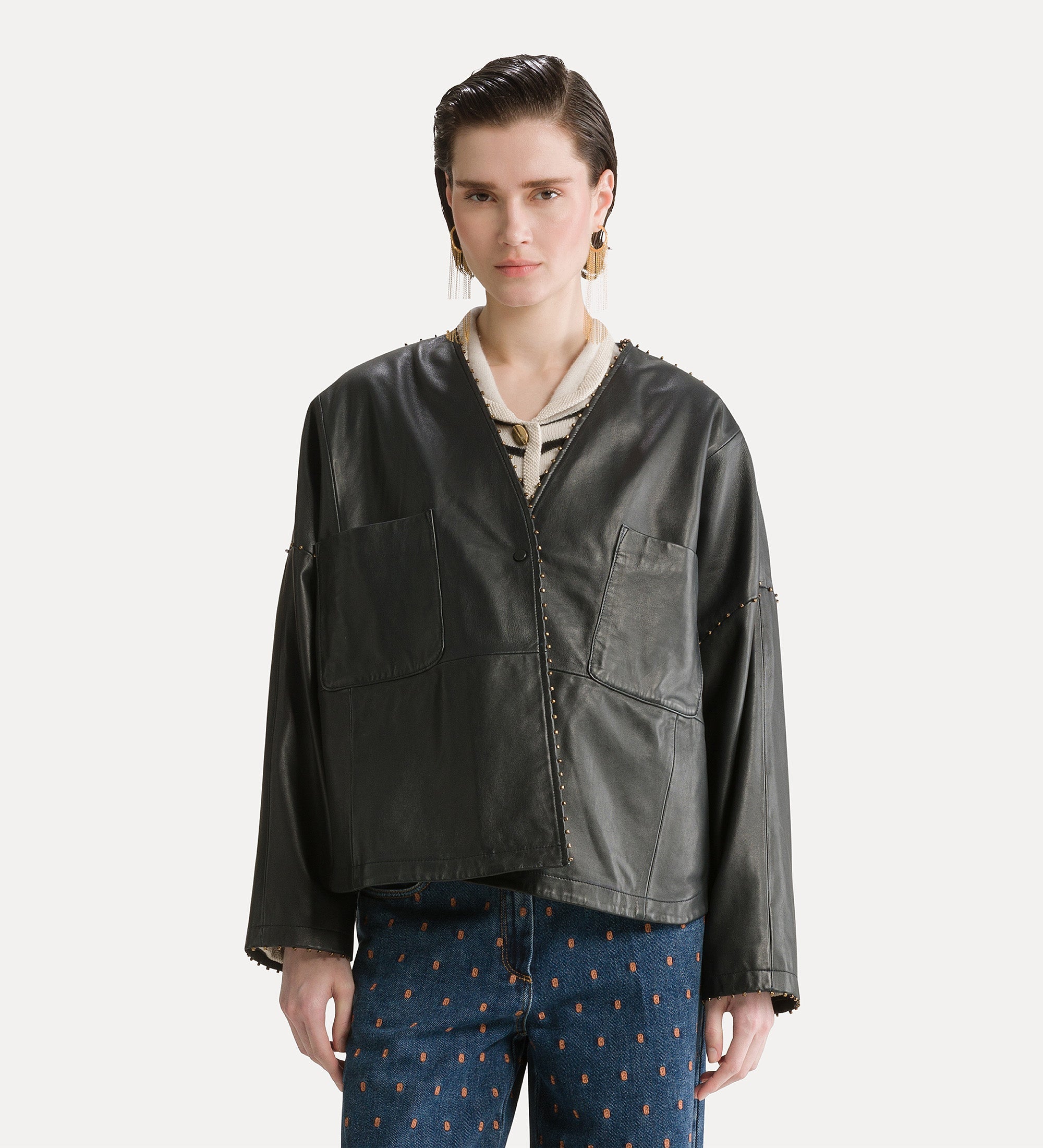beaded nappa leather kimono jacket petrole