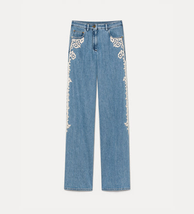 high–waisted embroidered 5–pocket trousers in cavalry denim celeste