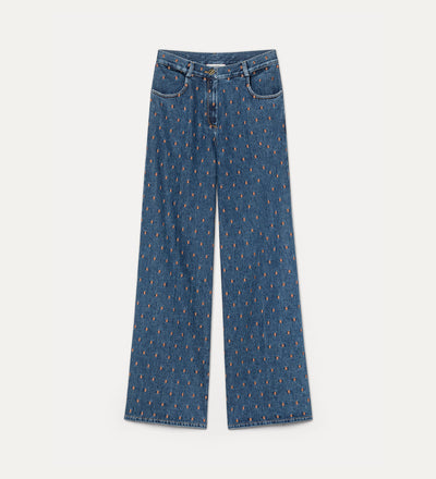 embroidered 5–pocket trousers in cavalry denim indigo