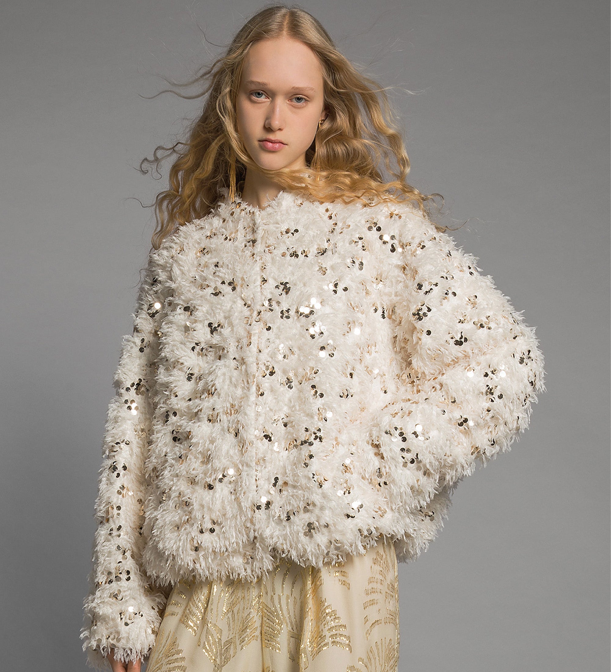 eco—marabou faux—fur bomber jacket with golden sequins Avorio