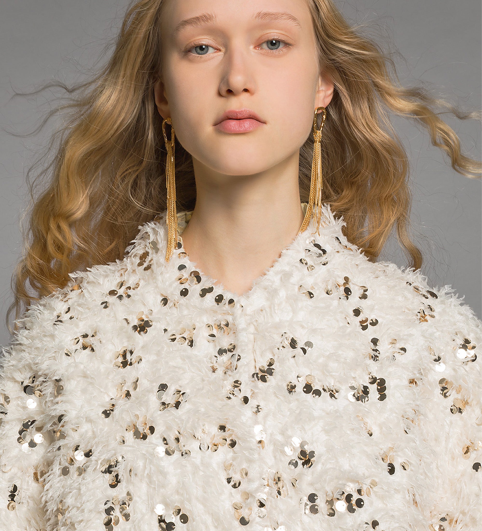 eco—marabou faux—fur bomber jacket with golden sequins Avorio