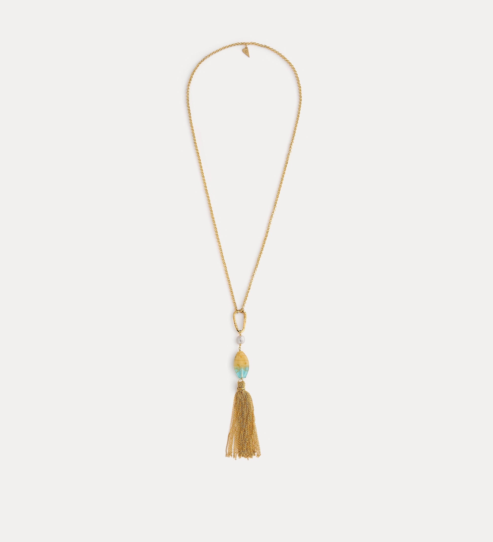 collana scultura con frange ed elemento in vetro jade