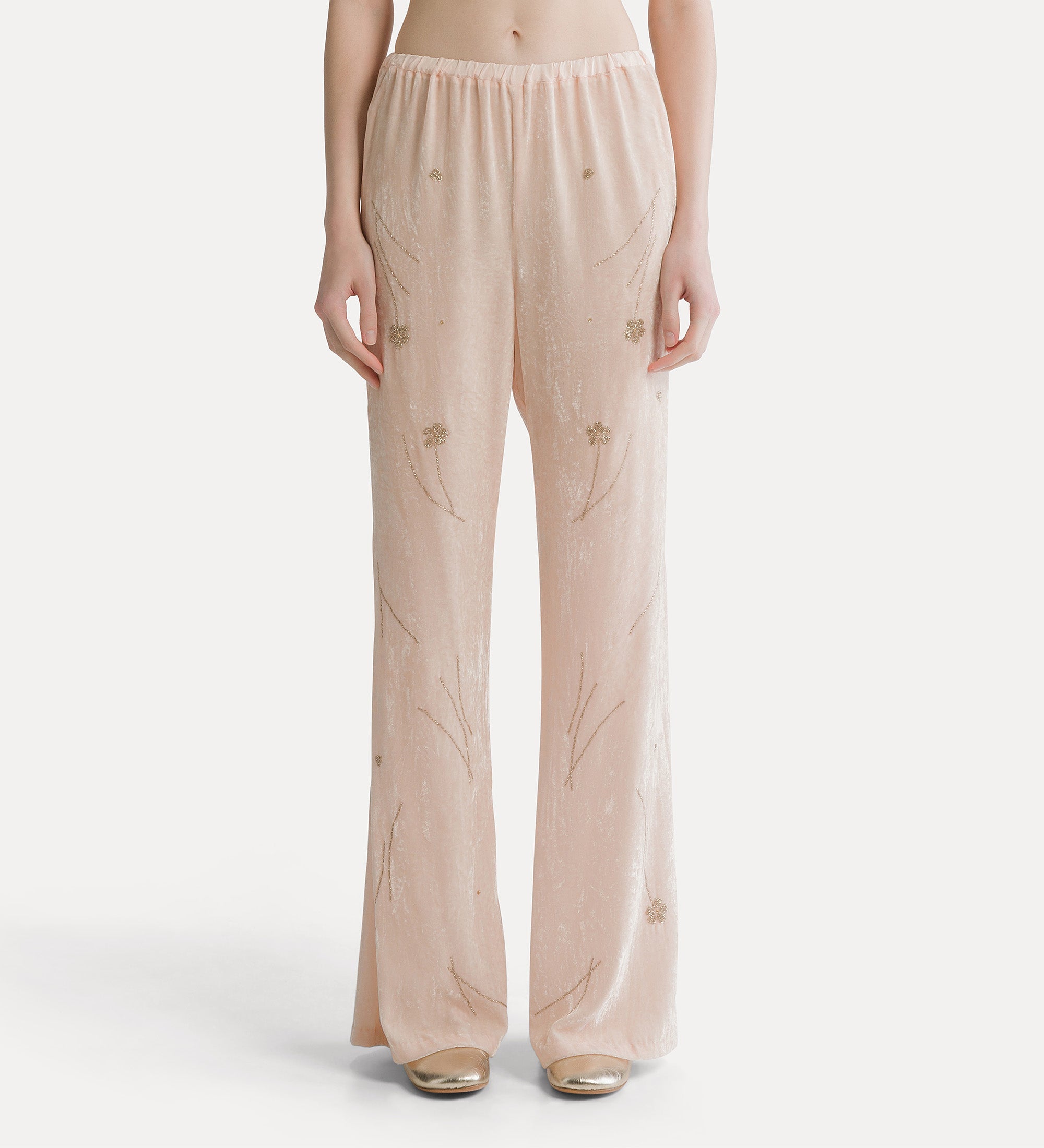 pantalone  velluto crash ricamo "fleurs d'orient" loto