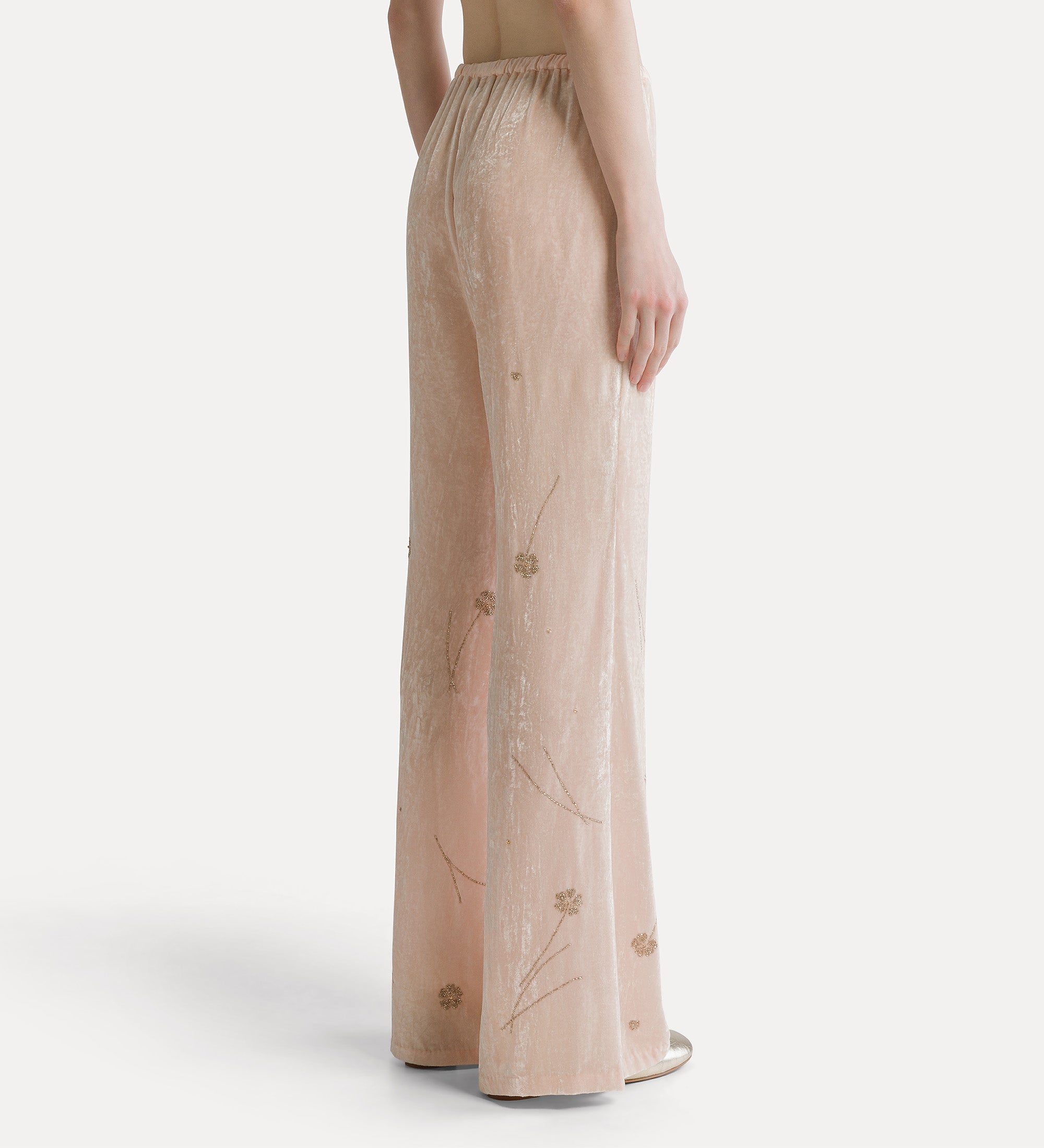 pantalone  velluto crash ricamo "fleurs d'orient" loto