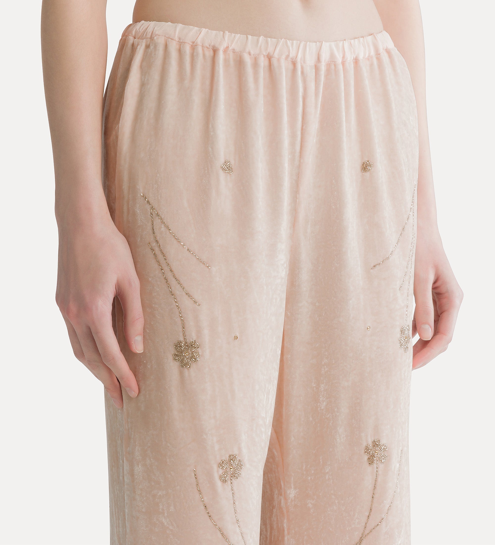pantalone  velluto crash ricamo "fleurs d'orient" loto