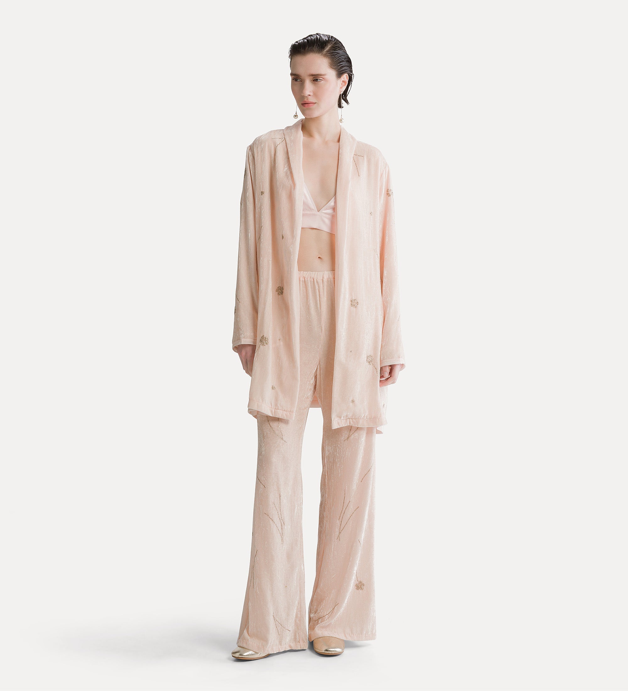 pantalone  velluto crash ricamo "fleurs d'orient" loto