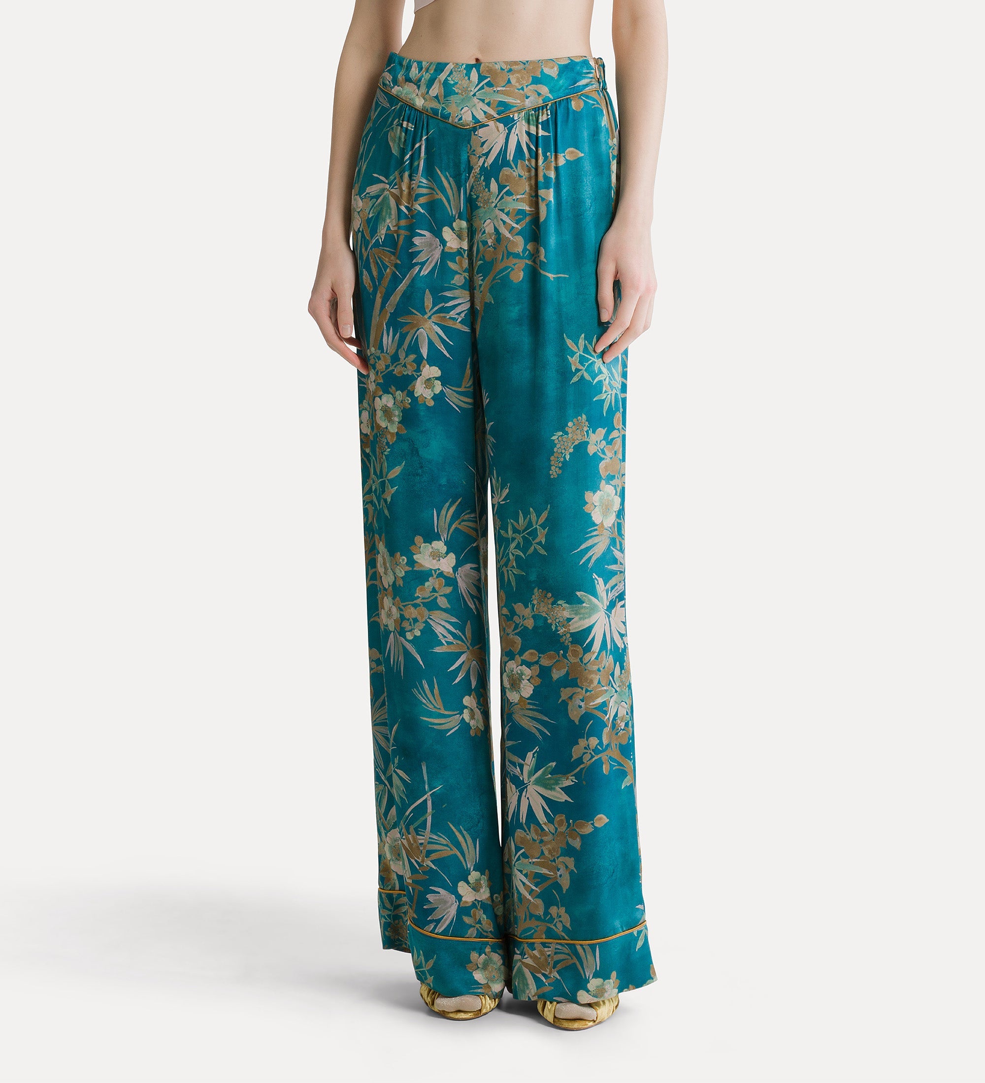 “le bambou secret” satin flared trousers jade