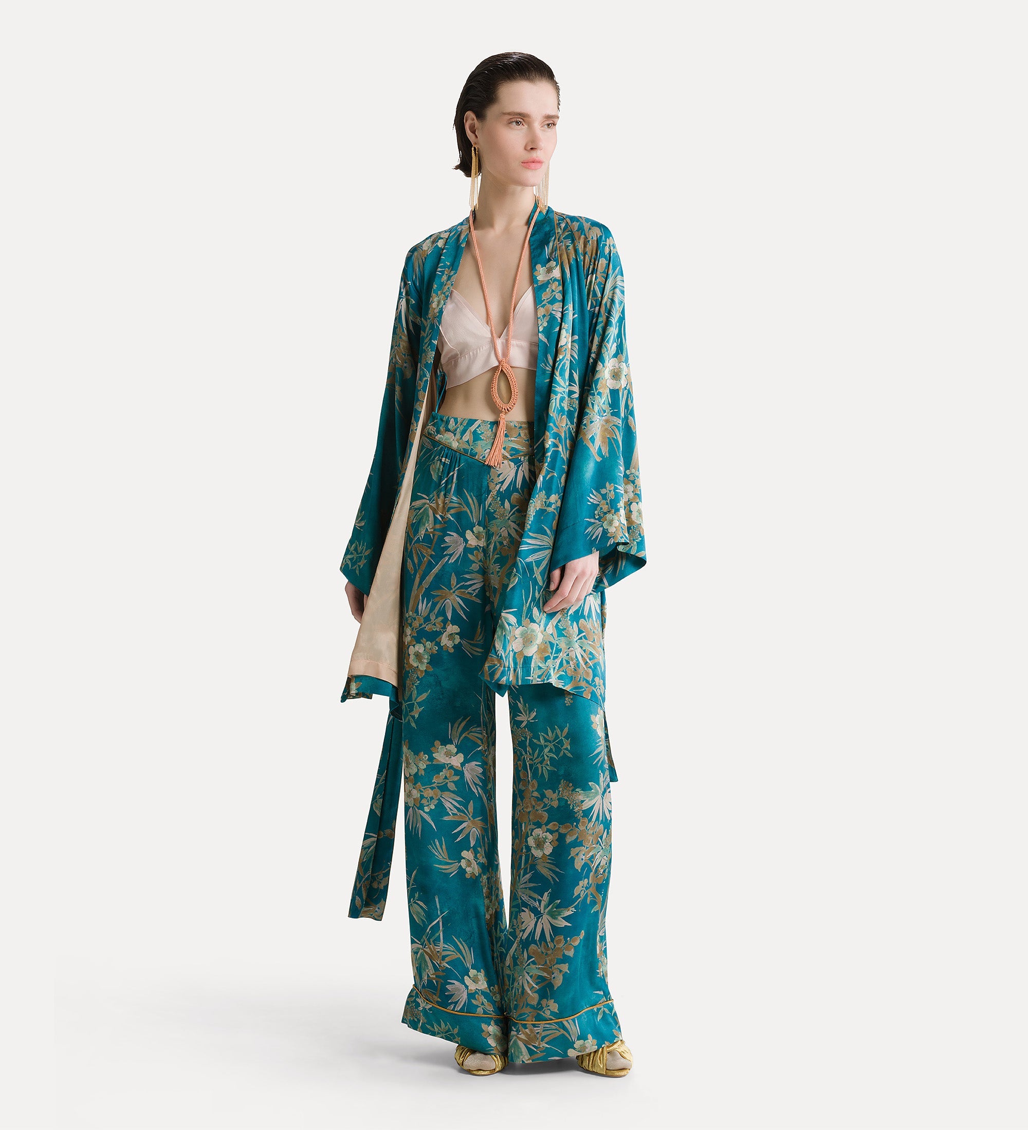 “le bambou secret” satin flared trousers jade