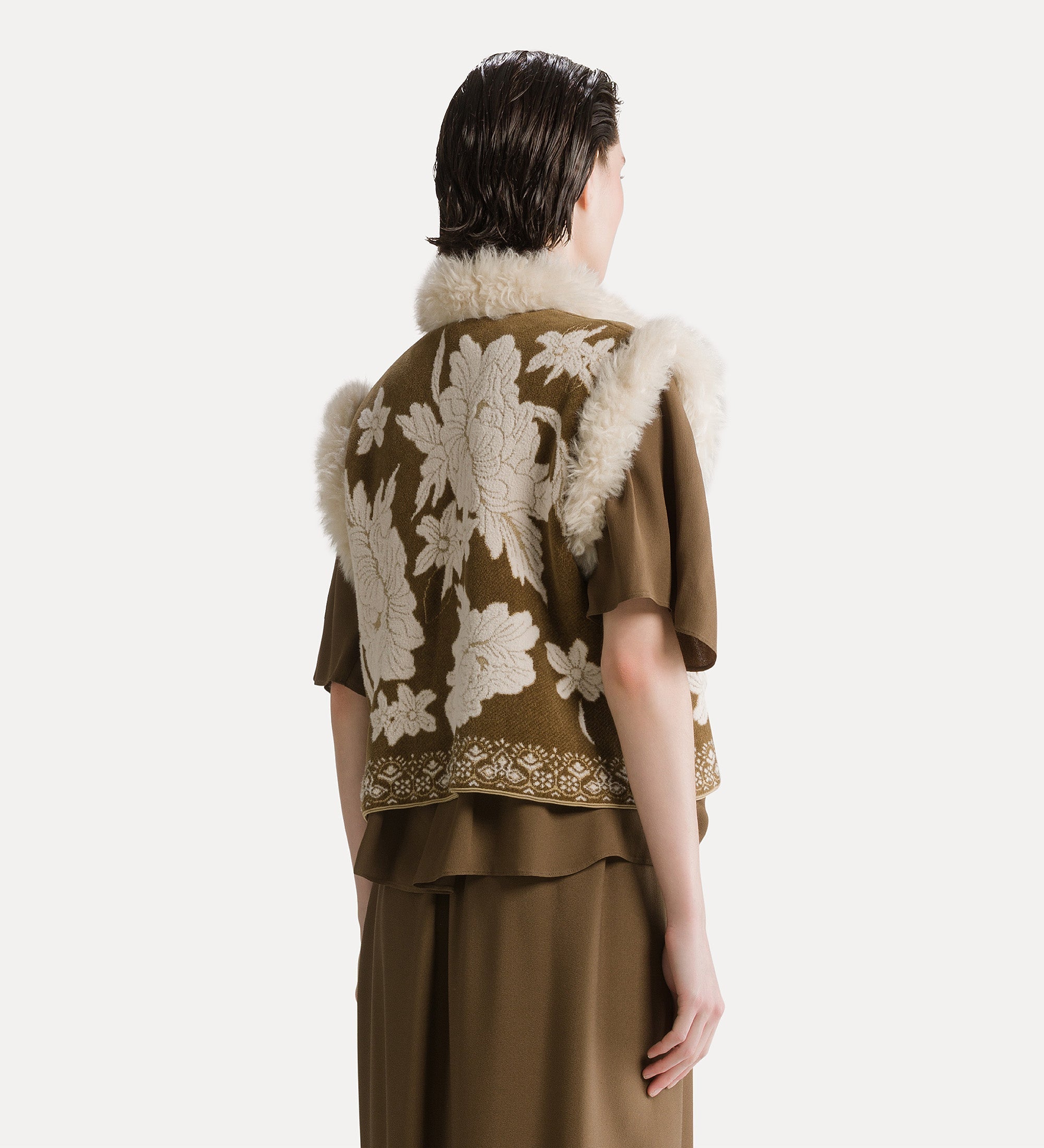 gilet bordi eco fur jaquard ciniglia "the lotus" cumino