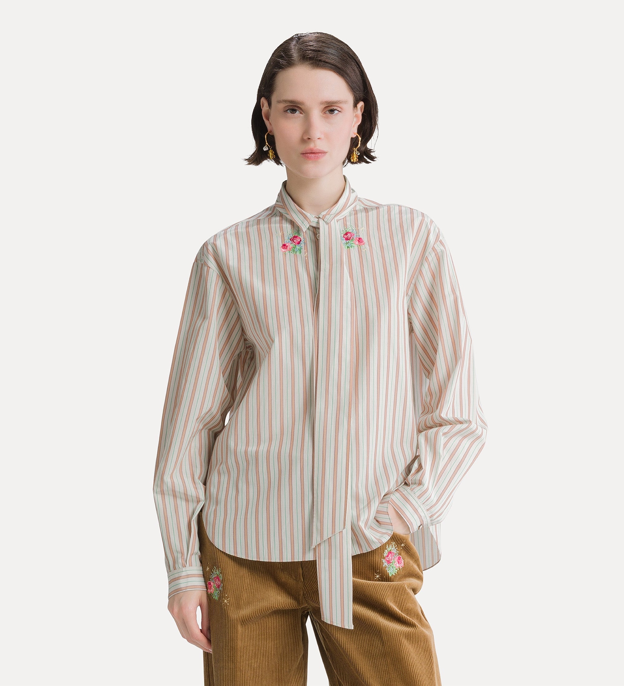 striped shirt with sash and “bouquet” embroidery rose