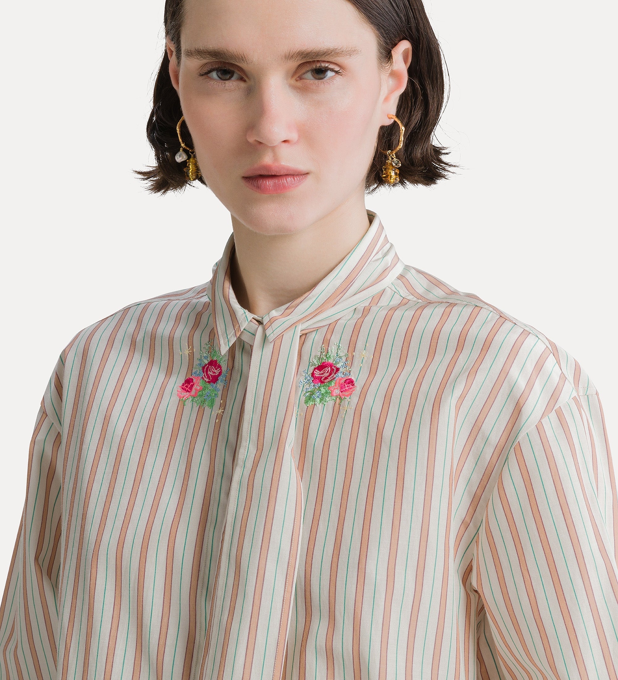 striped shirt with sash and “bouquet” embroidery rose
