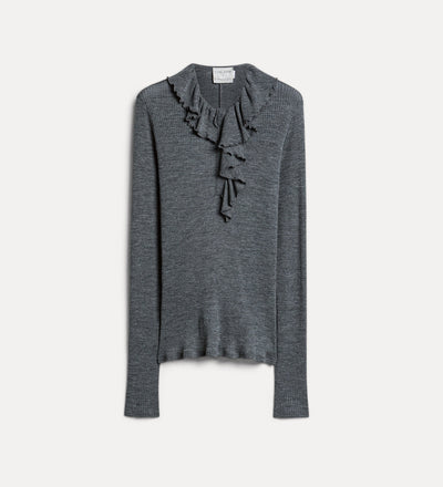ruffled fine rib-knit henley-neck jumper grey